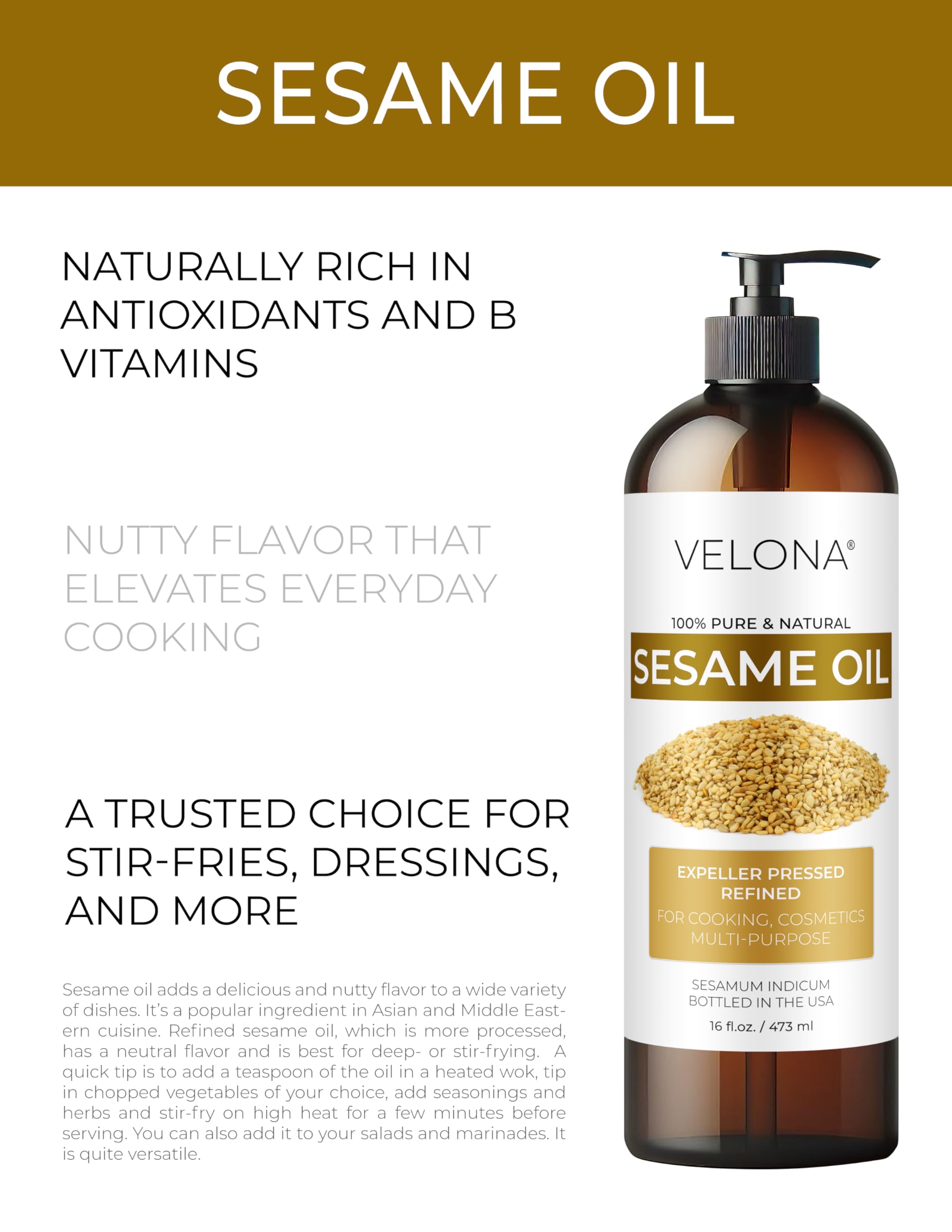 Sesame Seed Oil by Velona - 32 fl oz | Pure Carrier Oil for Skin, Hair & Cooking