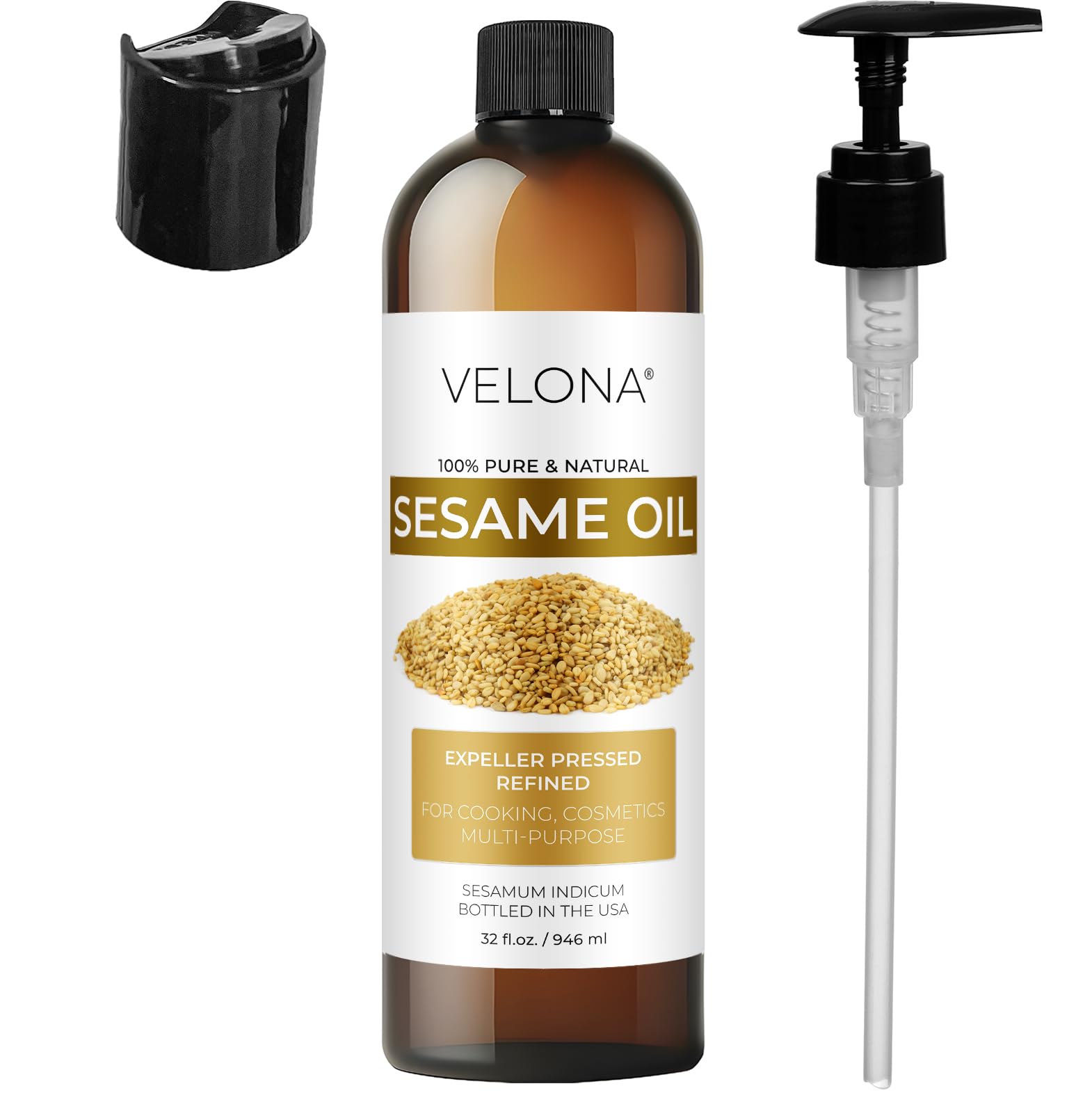 Sesame Seed Oil by Velona - 32 fl oz | Pure Carrier Oil for Skin, Hair & Cooking