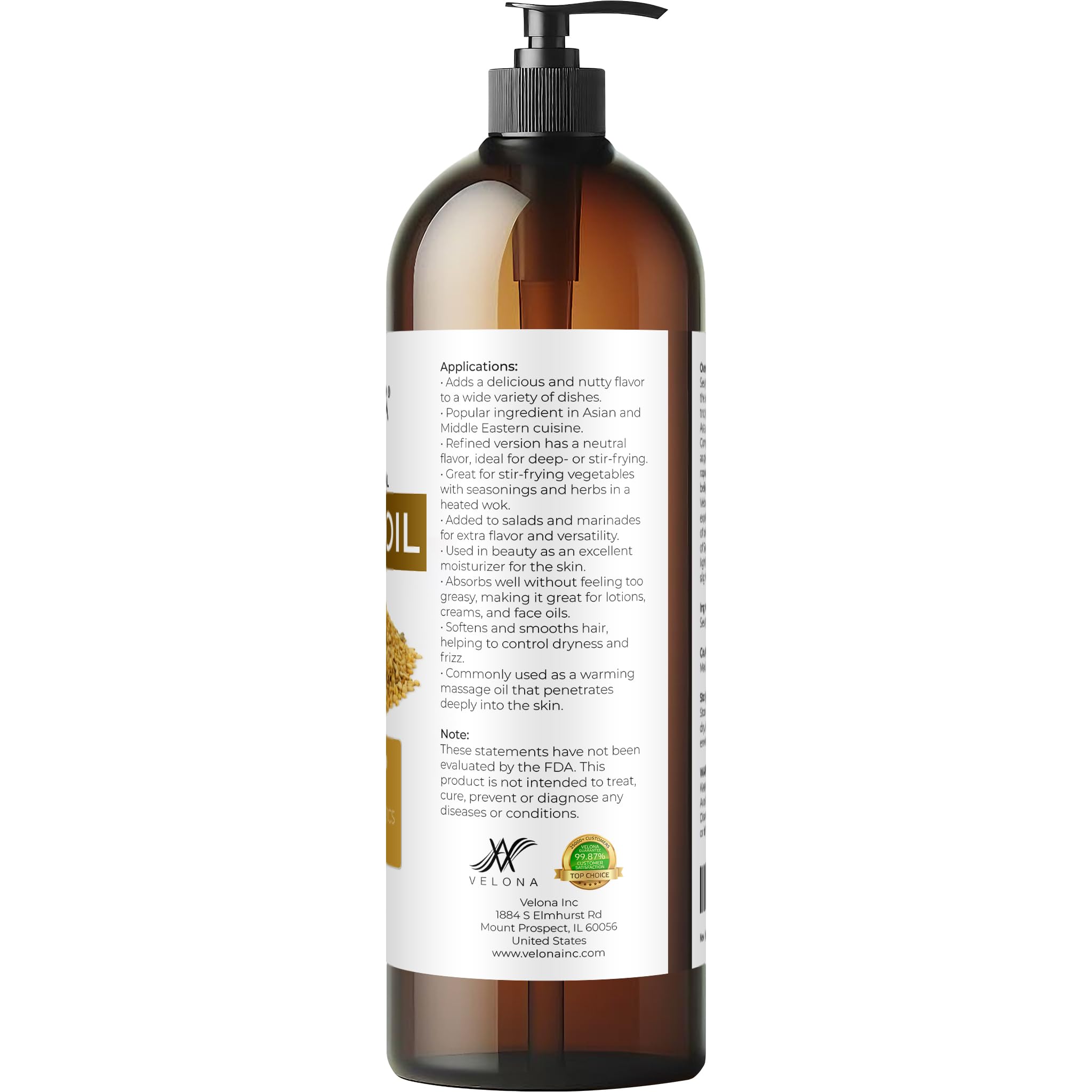 Sesame Seed Oil by Velona - 32 fl oz | Pure Carrier Oil for Skin, Hair & Cooking
