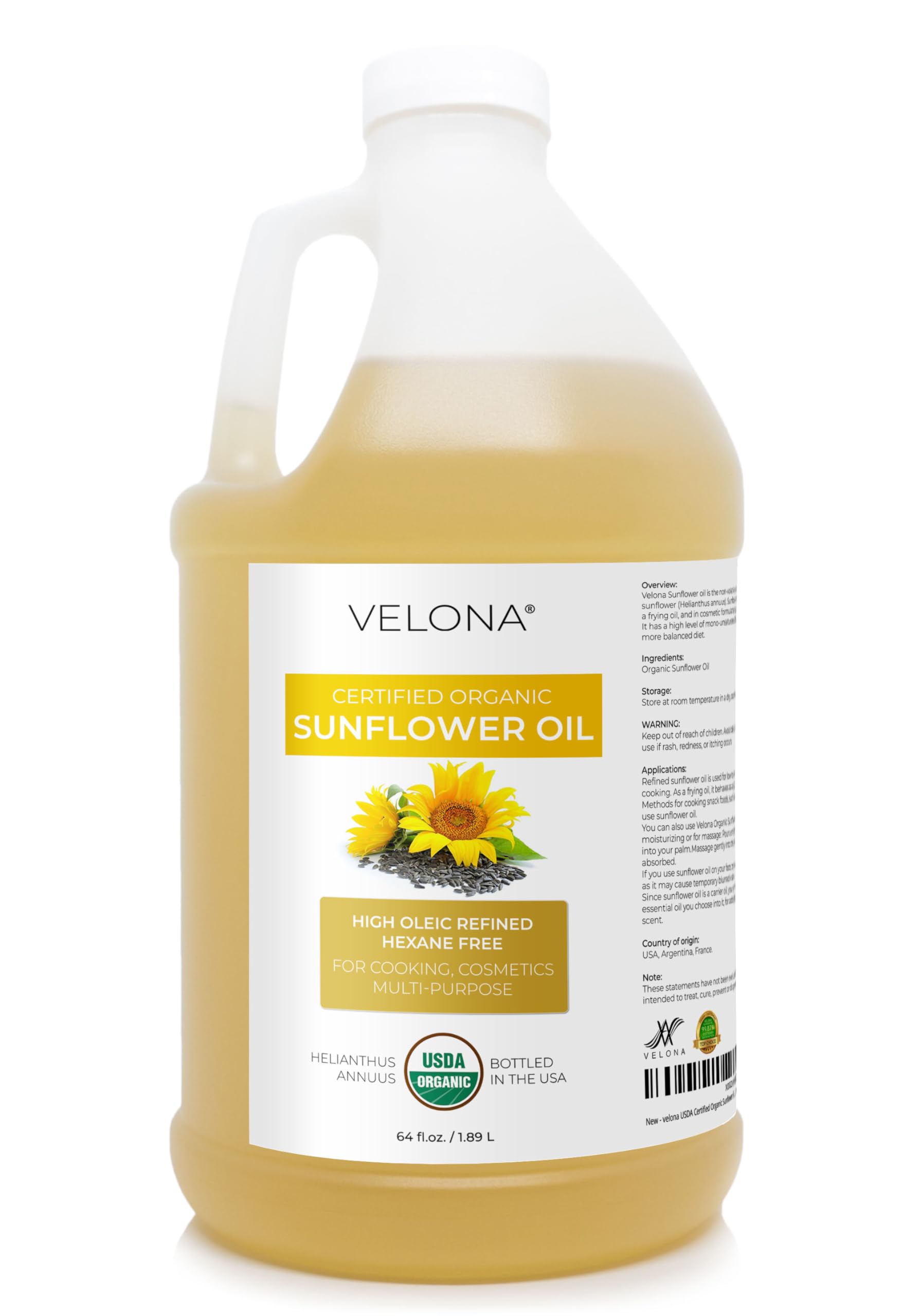 Velona USDA Organic Sunflower Oil 64oz — Pure Carrier Oil High Oleic Refined
