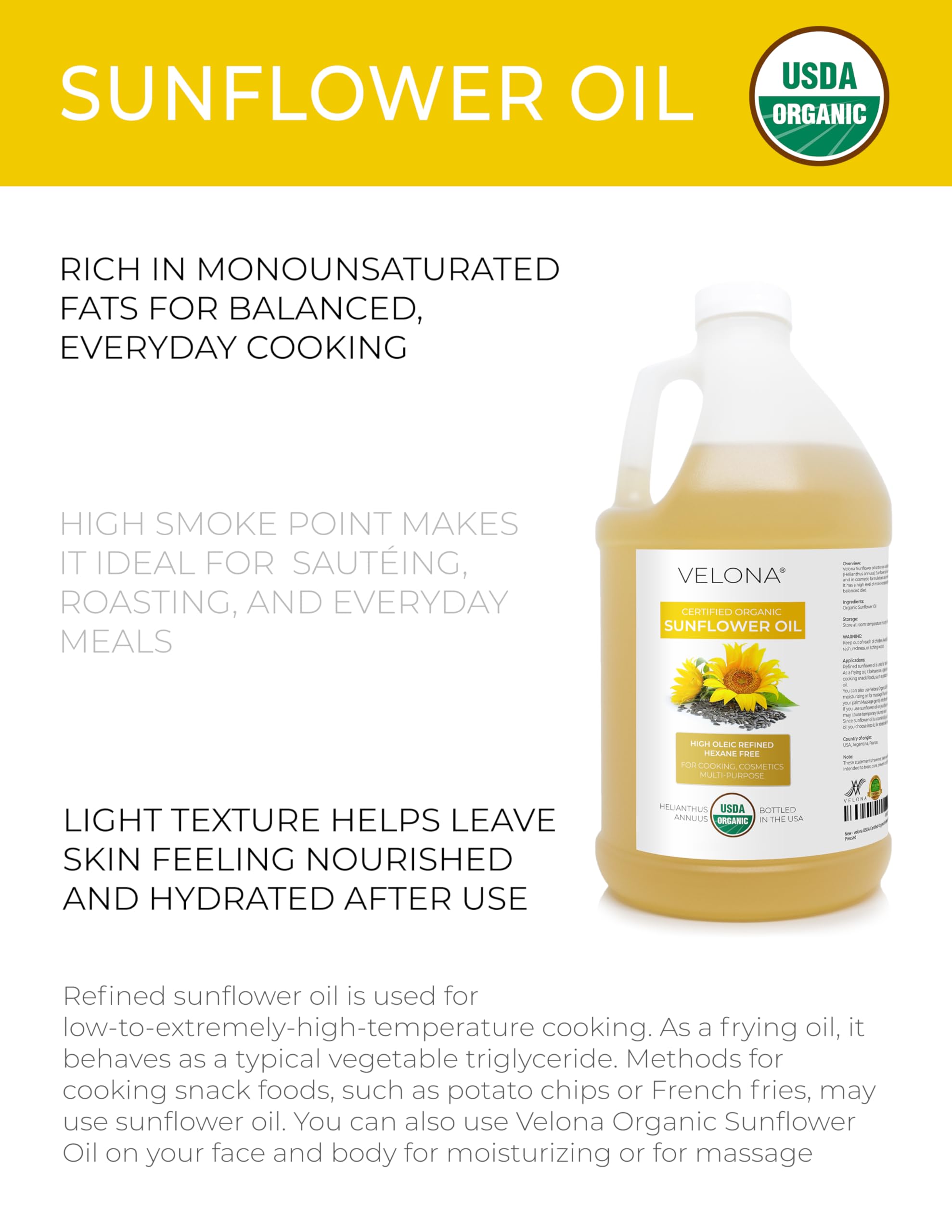 Velona USDA Organic Sunflower Oil 64oz — Pure Carrier Oil High Oleic Refined