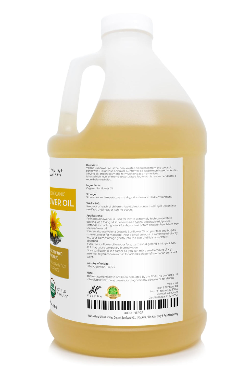 Velona USDA Organic Sunflower Oil 64oz — Pure Carrier Oil High Oleic Refined