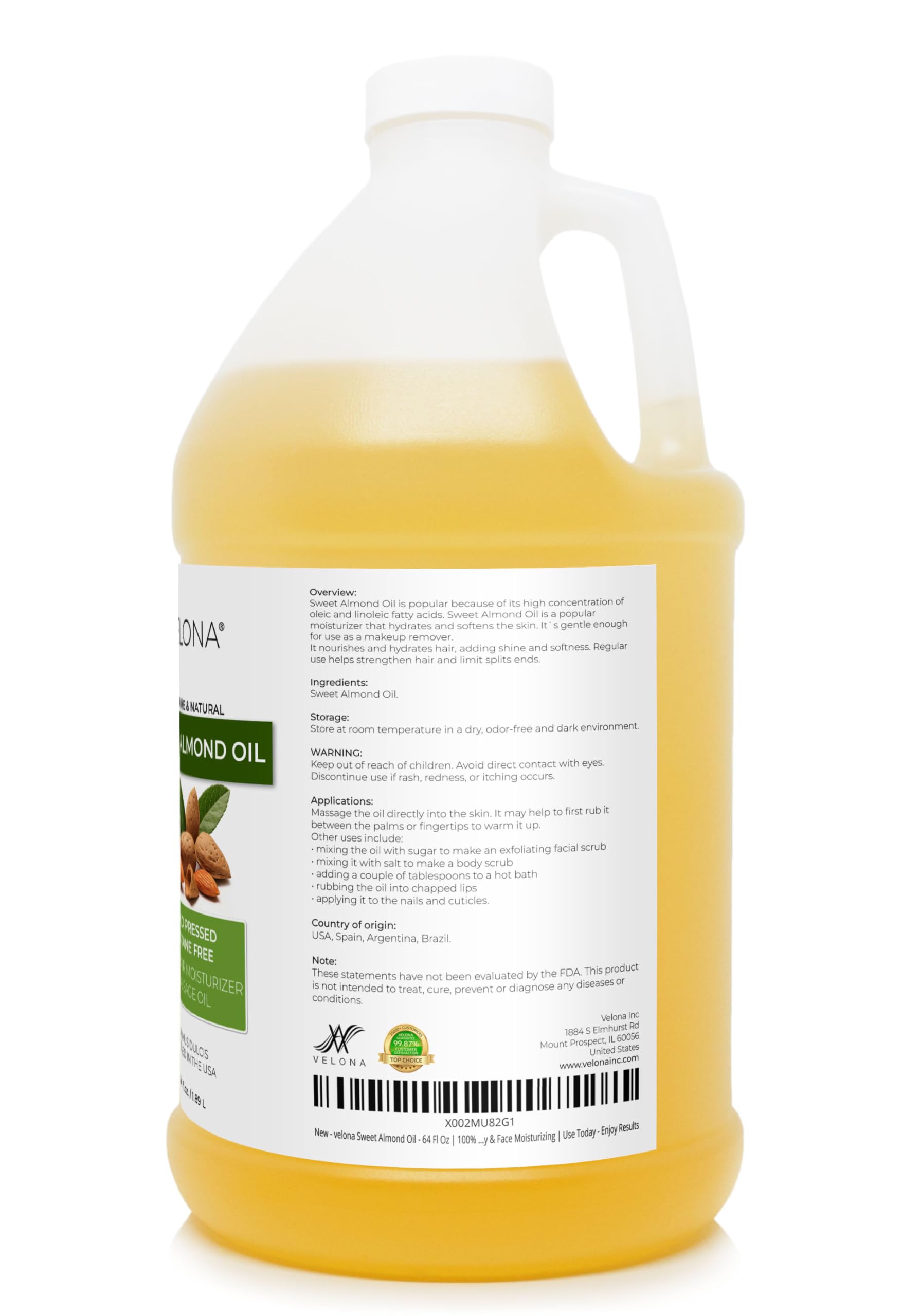 Velona Sweet Almond Oil - 64 Fl Oz | 100% Pure Cold-Pressed Carrier Oil for Skin, Hair & Body