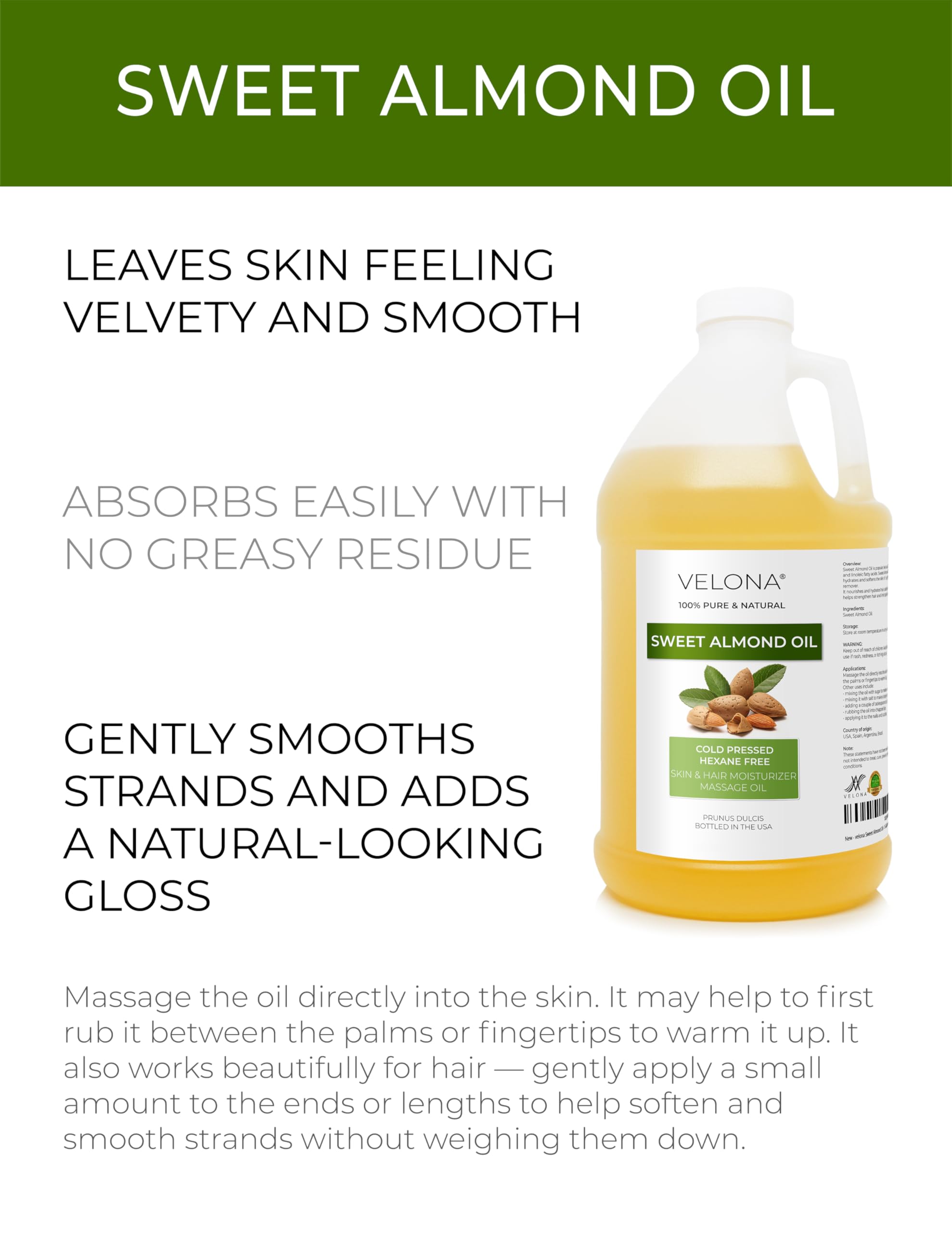 Velona Sweet Almond Oil - 64 Fl Oz | 100% Pure Cold-Pressed Carrier Oil for Skin, Hair & Body