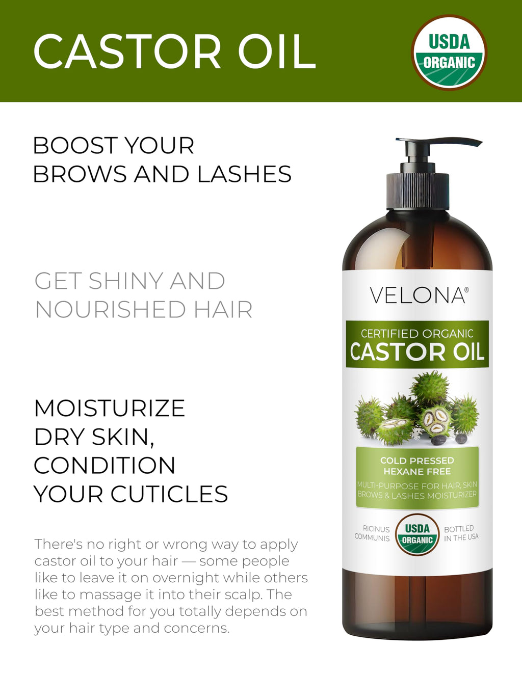 Velona USDA Organic Castor Oil 32oz — Hair Growth, Lash & Brow Care, Cold-Pressed