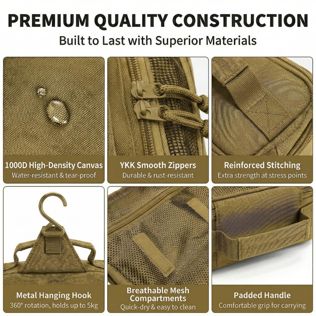 VELVEBAG Hanging Toiletry Bag for Men | Waterproof Travel Shaving Bag with Hook | Khaki