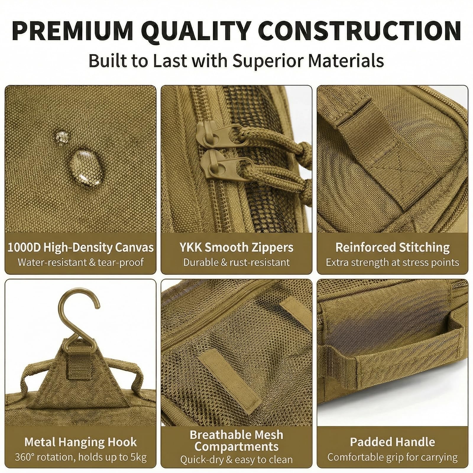 VELVEBAG Hanging Toiletry Bag for Men | Waterproof Travel Shaving Bag with Hook | Khaki
