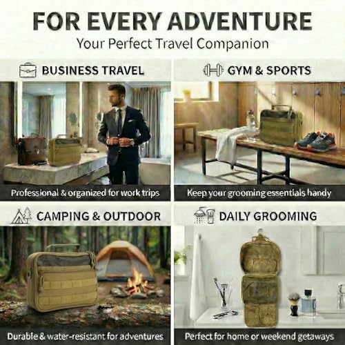 VELVEBAG Hanging Toiletry Bag for Men – Waterproof Travel Shaving Bag with Hook (Khaki)
