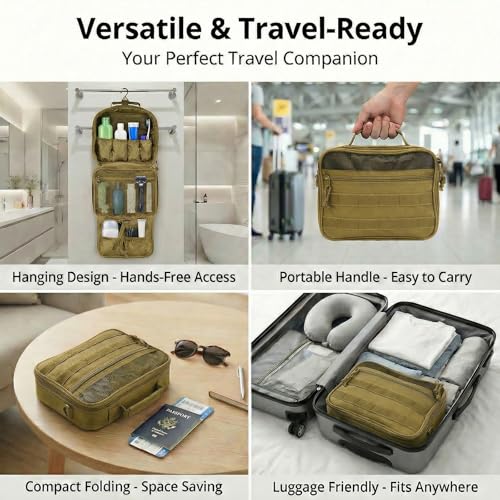 VELVEBAG Hanging Toiletry Bag for Men – Waterproof Travel Shaving Bag with Hook (Khaki)