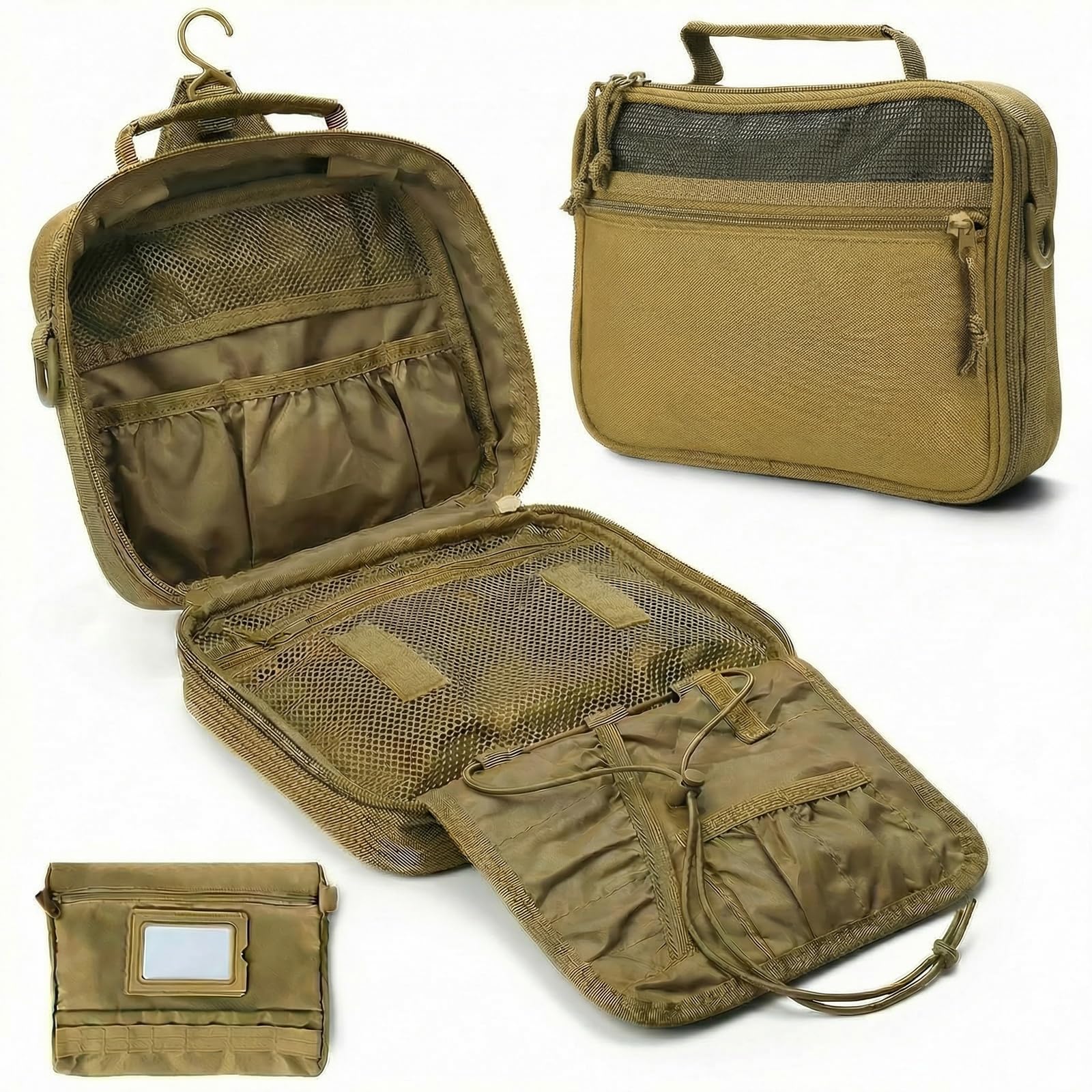 VELVEBAG Hanging Toiletry Bag for Men | Waterproof Travel Shaving Bag with Hook | Khaki