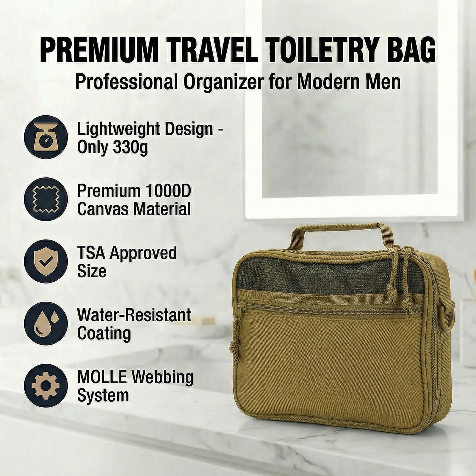 VELVEBAG Hanging Toiletry Bag for Men | Waterproof Travel Shaving Bag with Hook | Khaki