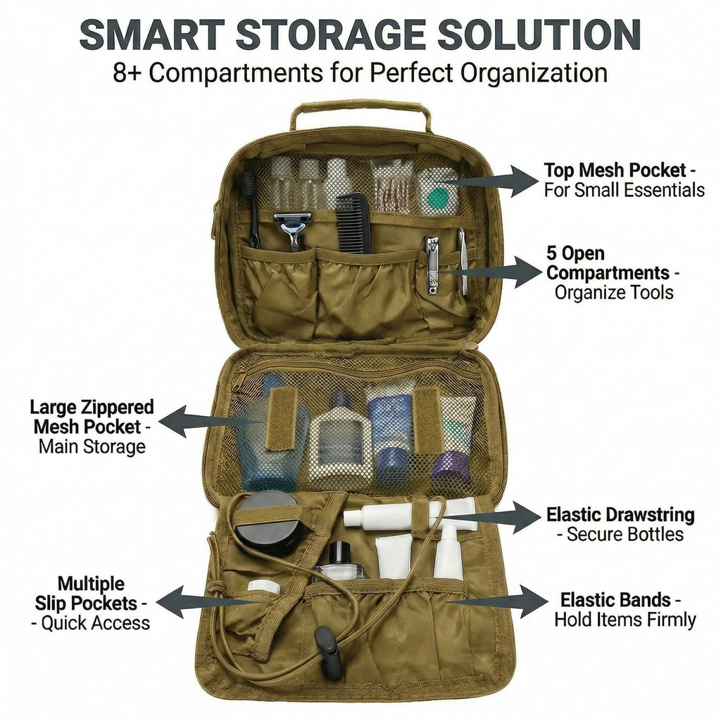 VELVEBAG Hanging Toiletry Bag for Men | Waterproof Travel Shaving Bag with Hook | Khaki