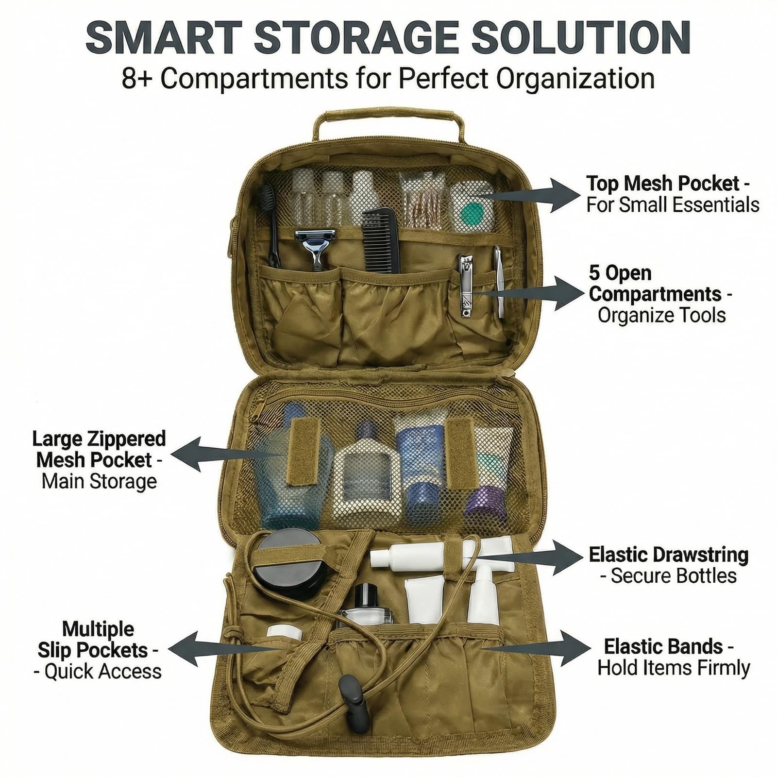 VELVEBAG Hanging Toiletry Bag for Men | Waterproof Travel Shaving Bag with Hook | Khaki