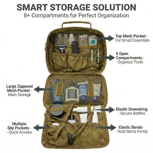 VELVEBAG Hanging Toiletry Bag for Men – Waterproof Travel Shaving Bag with Hook (Khaki)