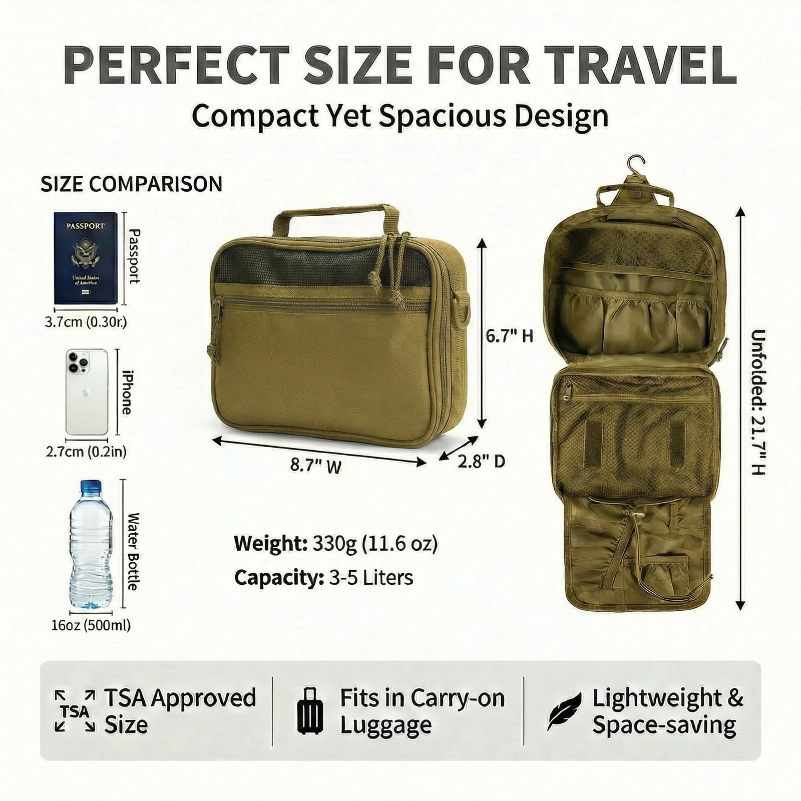 VELVEBAG Hanging Toiletry Bag for Men | Waterproof Travel Shaving Bag with Hook | Khaki