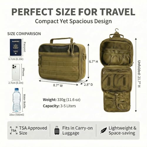 VELVEBAG Hanging Toiletry Bag for Men – Waterproof Travel Shaving Bag with Hook (Khaki)