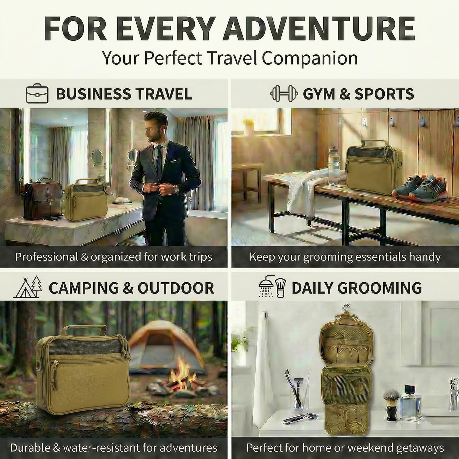 VELVEBAG Hanging Toiletry Bag for Men | Waterproof Travel Shaving Bag with Hook | Khaki