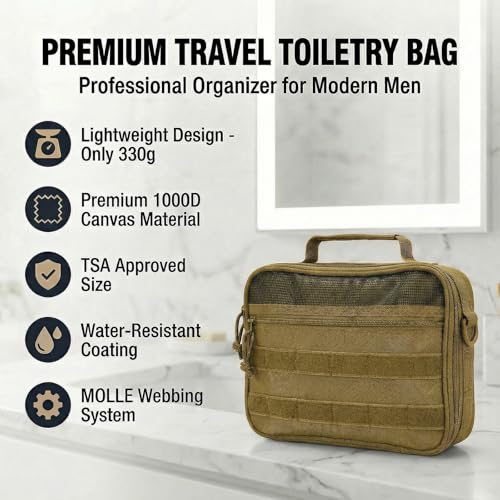 VELVEBAG Hanging Toiletry Bag for Men – Waterproof Travel Shaving Bag with Hook (Khaki)