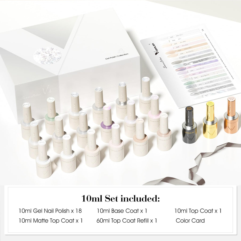 V VENALISA V4 Gel Nail Polish Set – 22 Pieces, 18 Colors + Color Card, Cat Eye Milky White Glitter – DIY Salon at Home