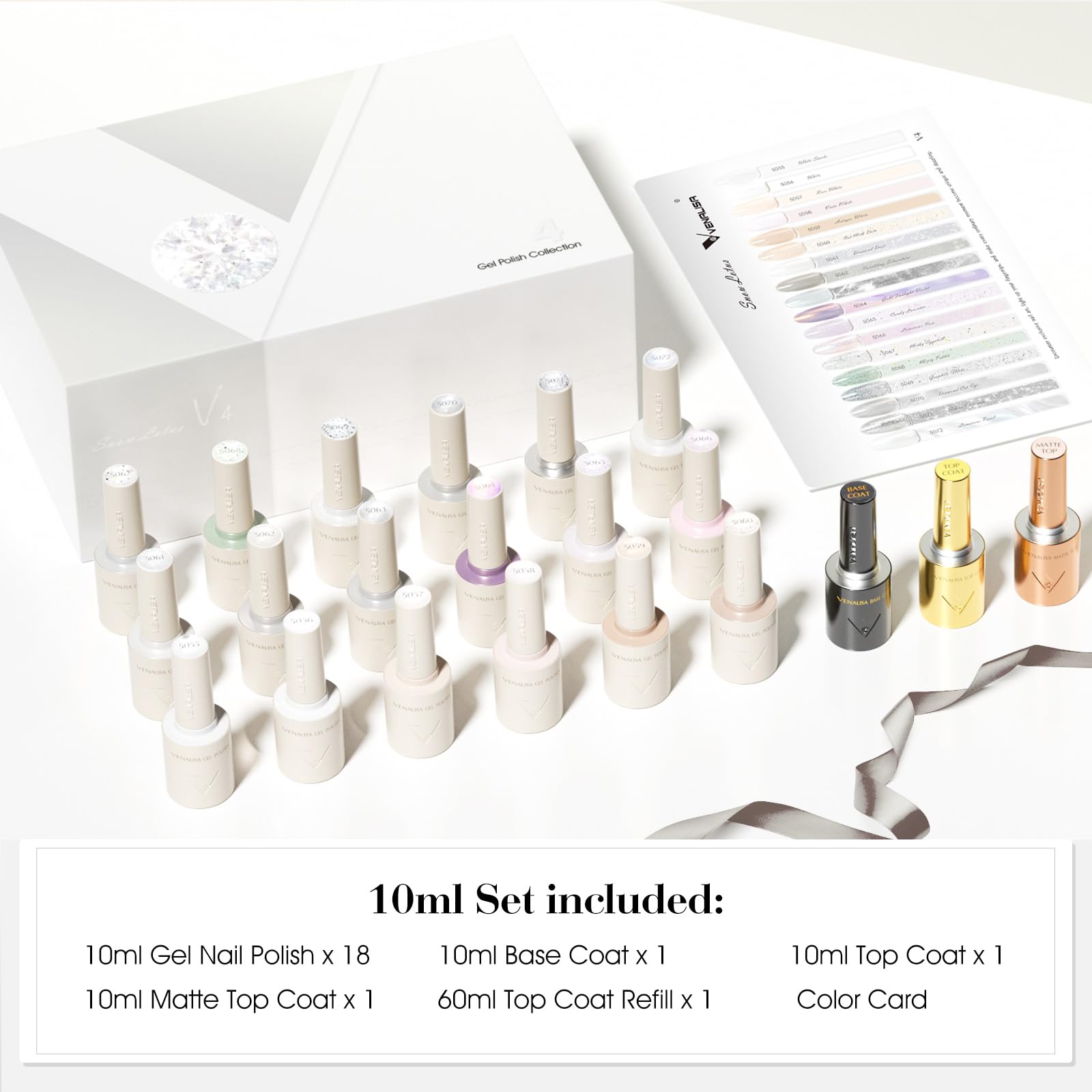 V VENALISA V4 Gel Nail Polish Set – 22 Pieces, 18 Colors + Color Card, Cat Eye Milky White Glitter – DIY Salon at Home