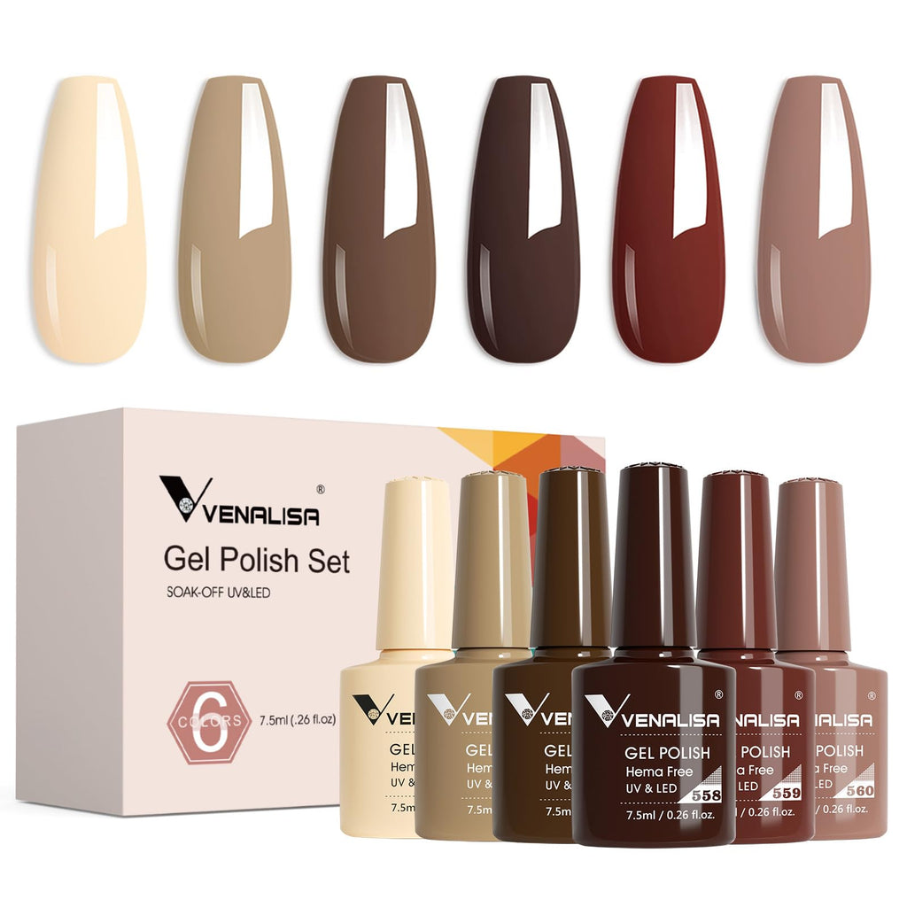 VENALISA Brown Gel Nail Polish Set — 6 Rich Neutral Browns for Fall & Winter