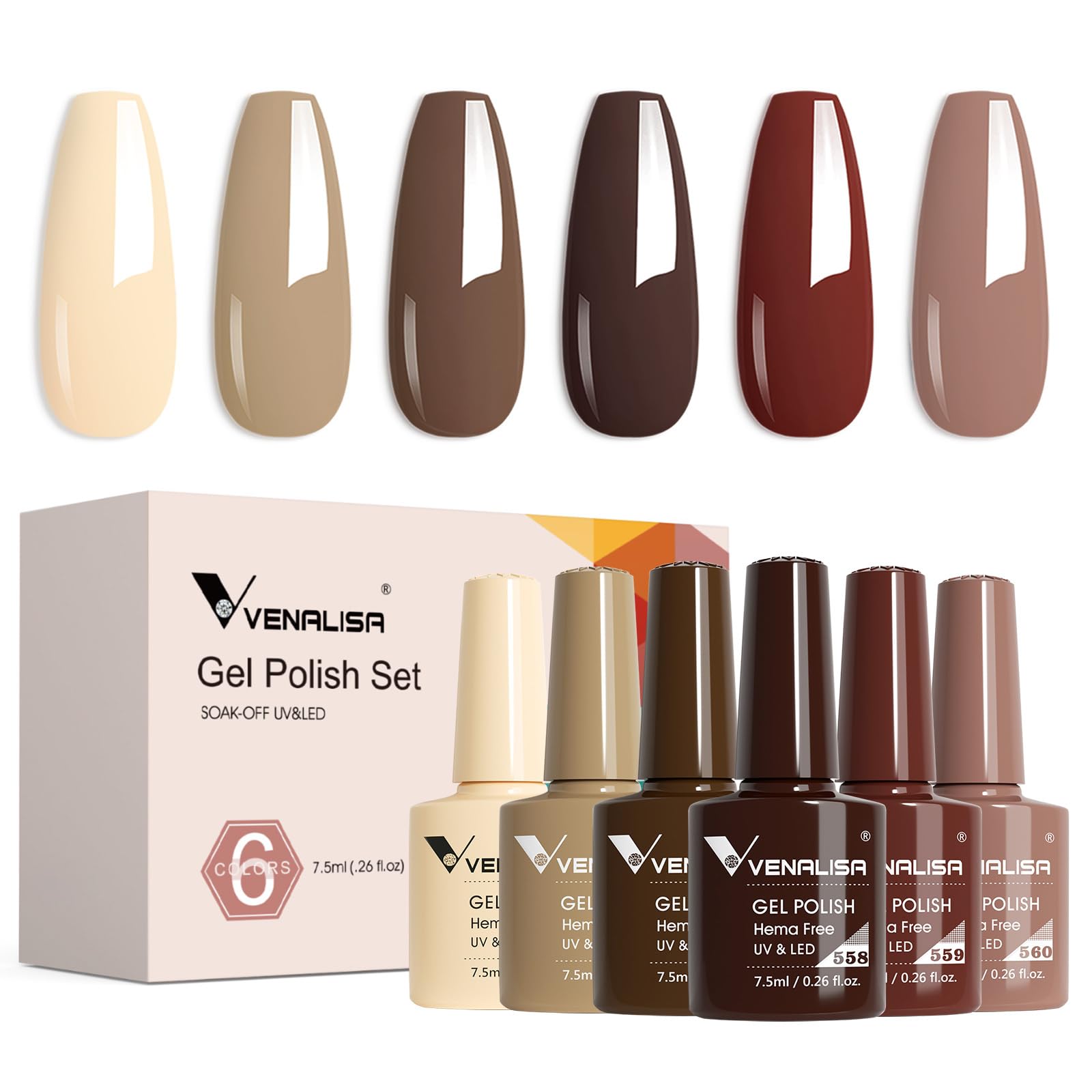 VENALISA Brown Gel Nail Polish Set — 6 Rich Neutral Browns for Fall & Winter