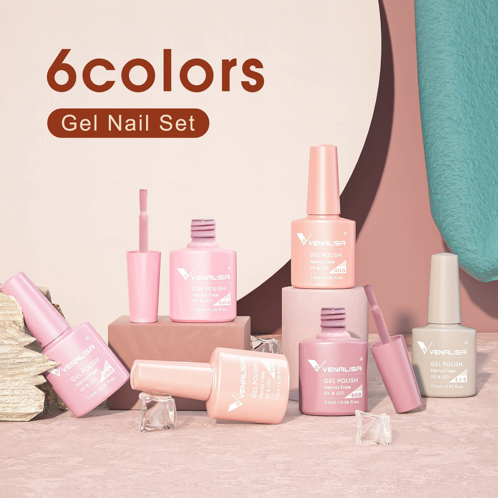 V VENALISA Hema-Free Pink Gel Nail Polish Set – 6 Nude Pink Colors, Soak-Off Gel Kit, LED Lamp for At-Home Manicure