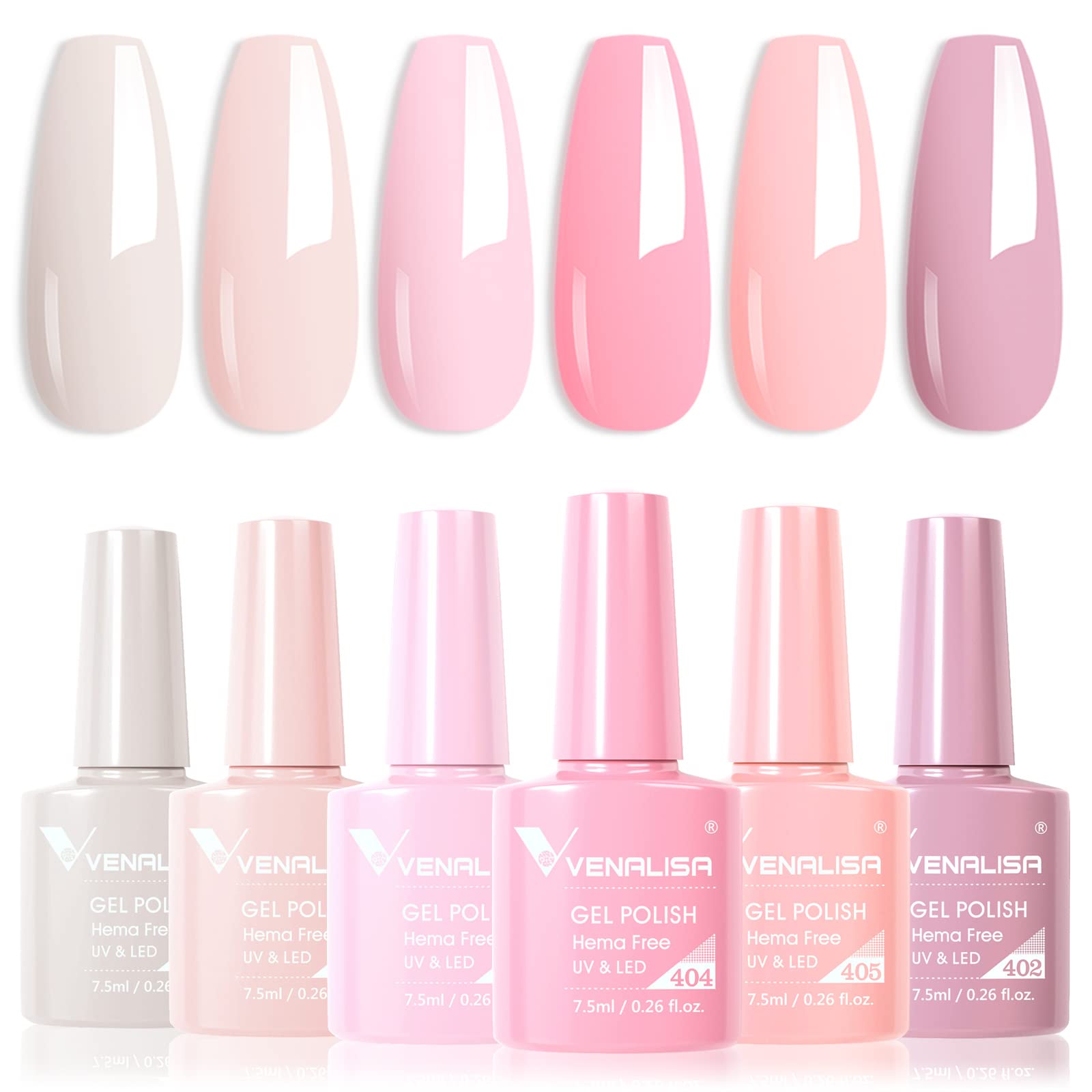 V VENALISA Hema-Free Pink Gel Nail Polish Set – 6 Nude Pink Colors, Soak-Off Gel Kit, LED Lamp for At-Home Manicure