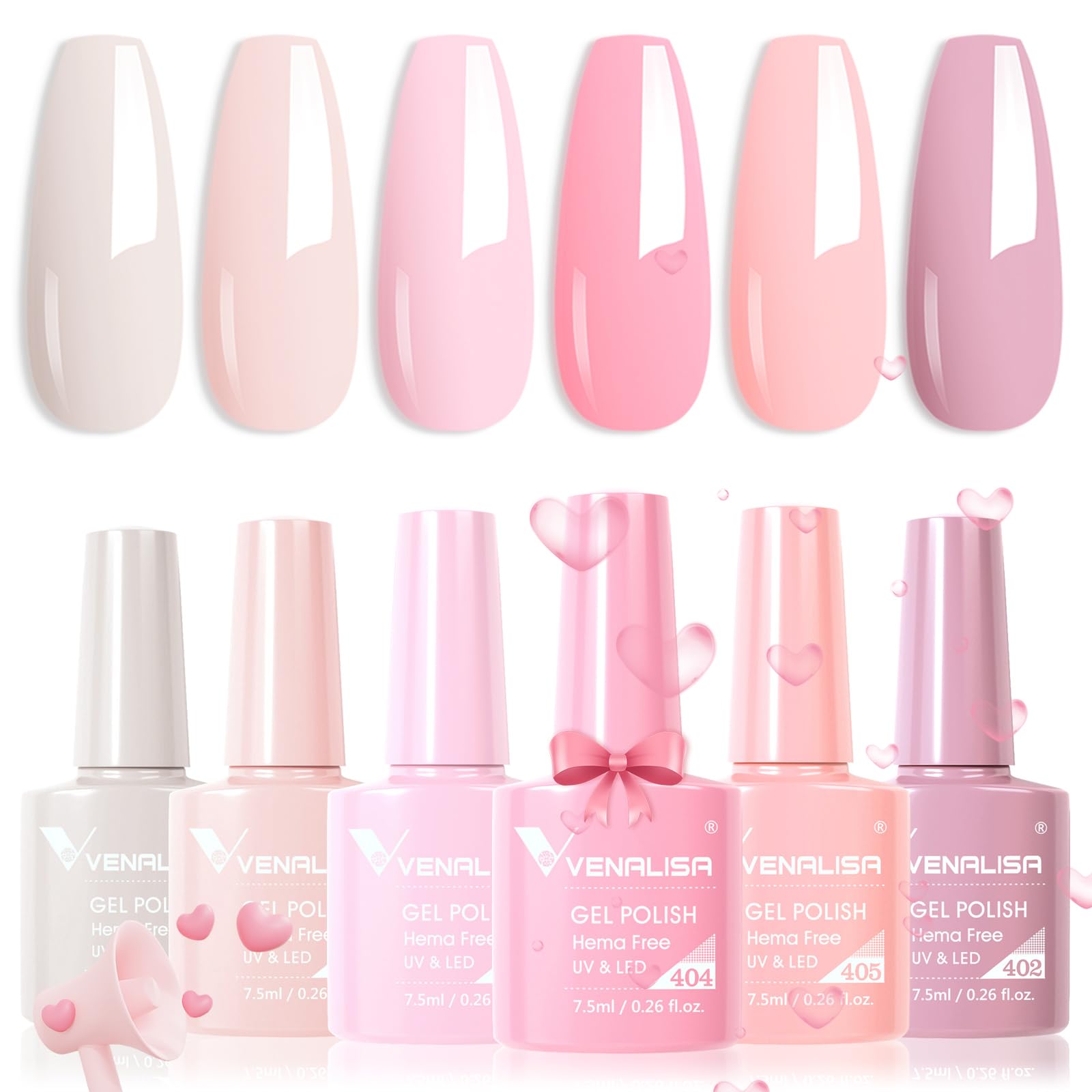 V VENALISA Hema-Free Pink Gel Nail Polish Set – 6 Nude Pink Colors, Soak-Off Gel Kit, LED Lamp for At-Home Manicure