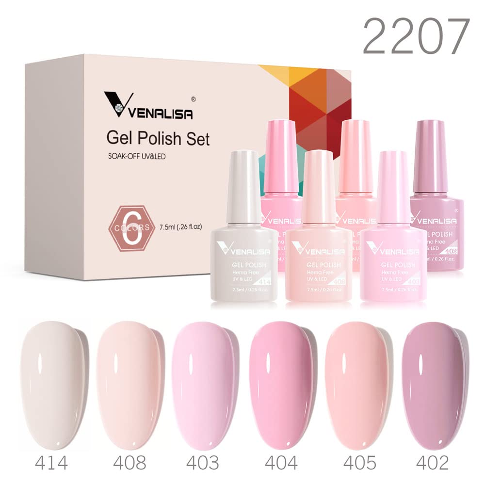 V VENALISA Hema-Free Pink Gel Nail Polish Set – 6 Nude Pink Colors, Soak-Off Gel Kit, LED Lamp for At-Home Manicure