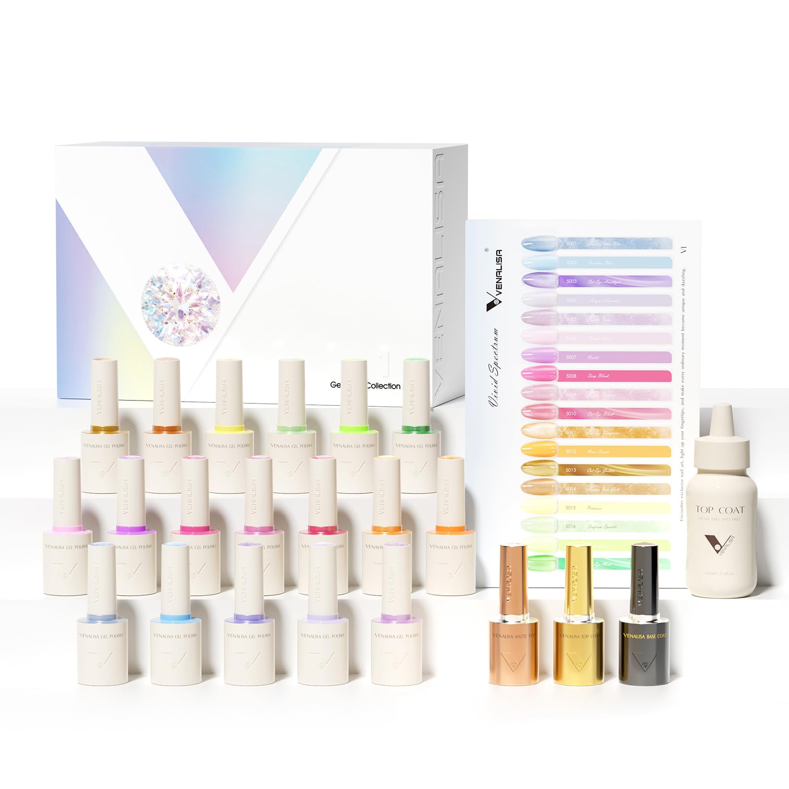 VENALISA V1 22-Pcs Cat Eye Gel Nail Polish Set – 18 Colors + Color Card, Glitter Blue Green Purple Kit for At-Home Manicure