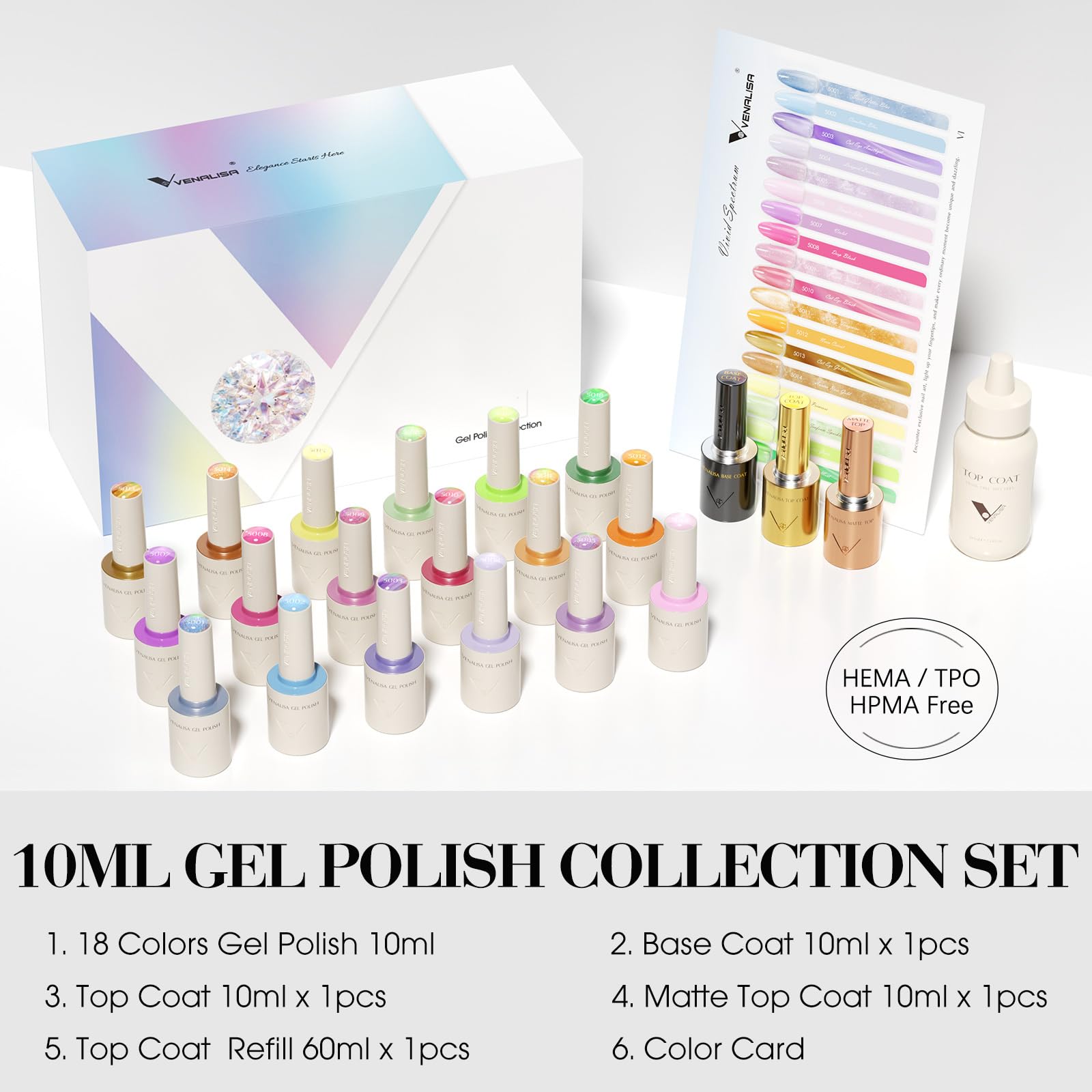 VENALISA V1 22-Pcs Cat Eye Gel Nail Polish Set – 18 Colors + Color Card, Glitter Blue Green Purple Kit for At-Home Manicure