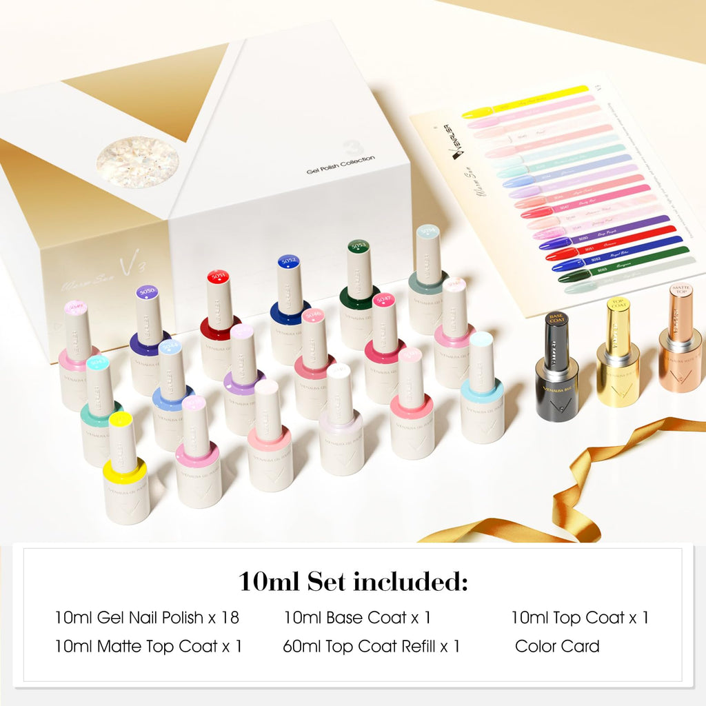VENALISA V3 22-Piece Gel Nail Polish Set — 18 Colors + Base & Top Coats for At-Home Salon Quality