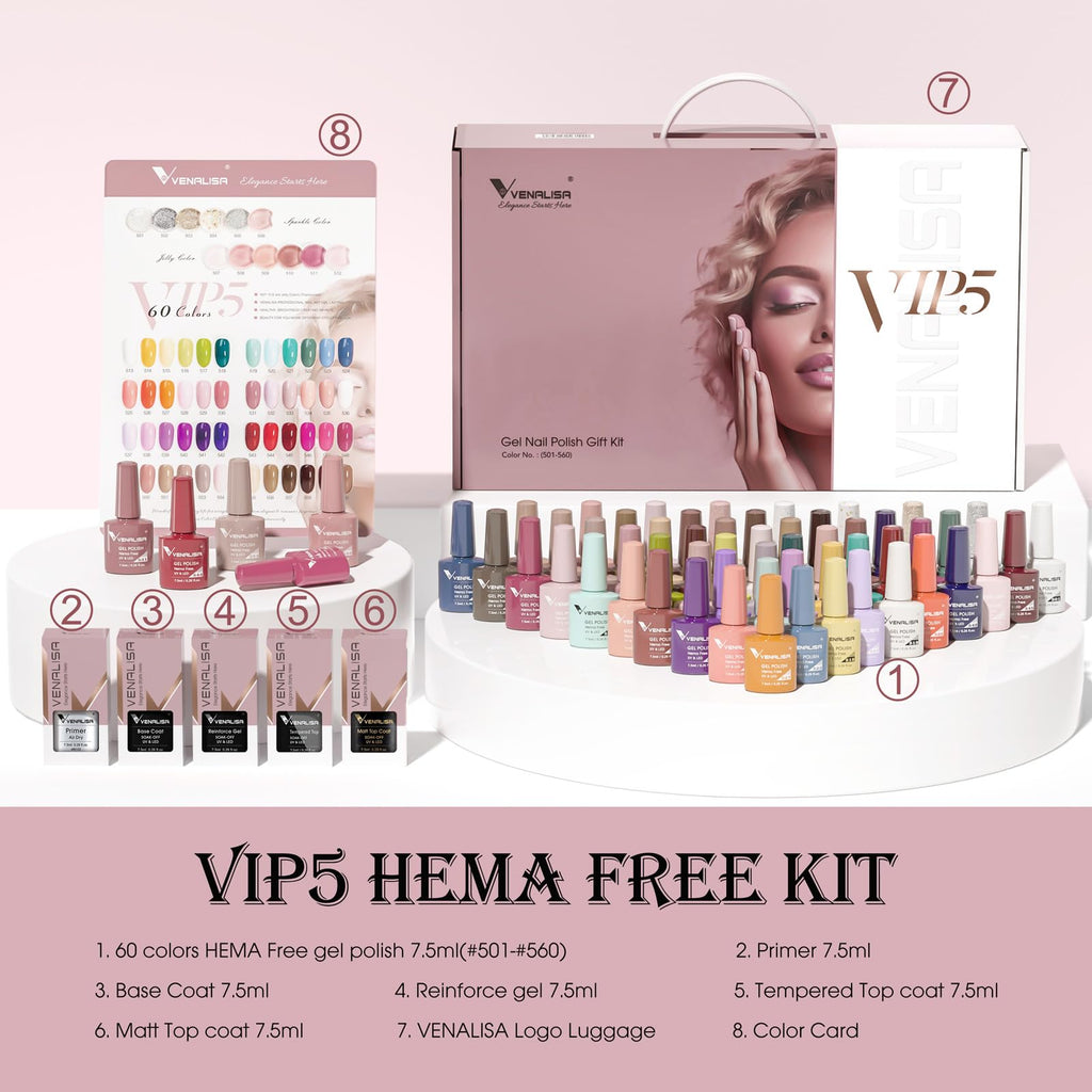 VENALISA VIP5 60-Color Gel Nail Polish Set with Base & Top Coats – Salon-Quality at Home