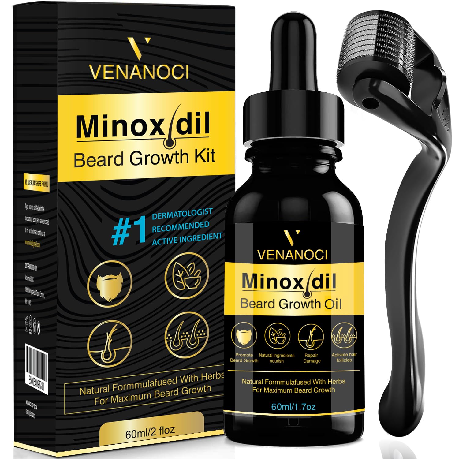 Venanoci 5% Minoxidil Beard Growth Kit with Biotin & Rosemary – Thicker, Fuller Beard