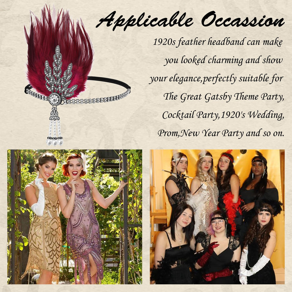 VENOFEN 1920s Flapper Headband – Red Feather Gatsby Style for Women