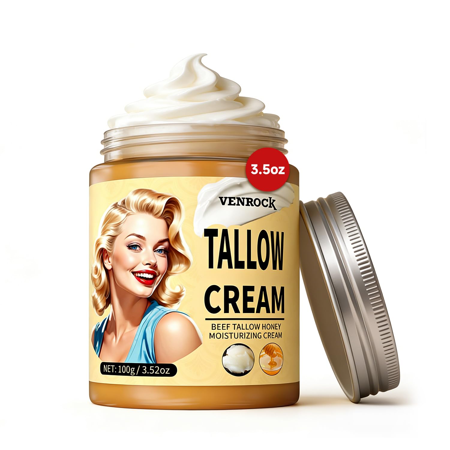 Venrock Beef Tallow Honey Face Balm – Hyaluronic Acid & Niacinamide, Whipped Moisturizer (3.5oz)