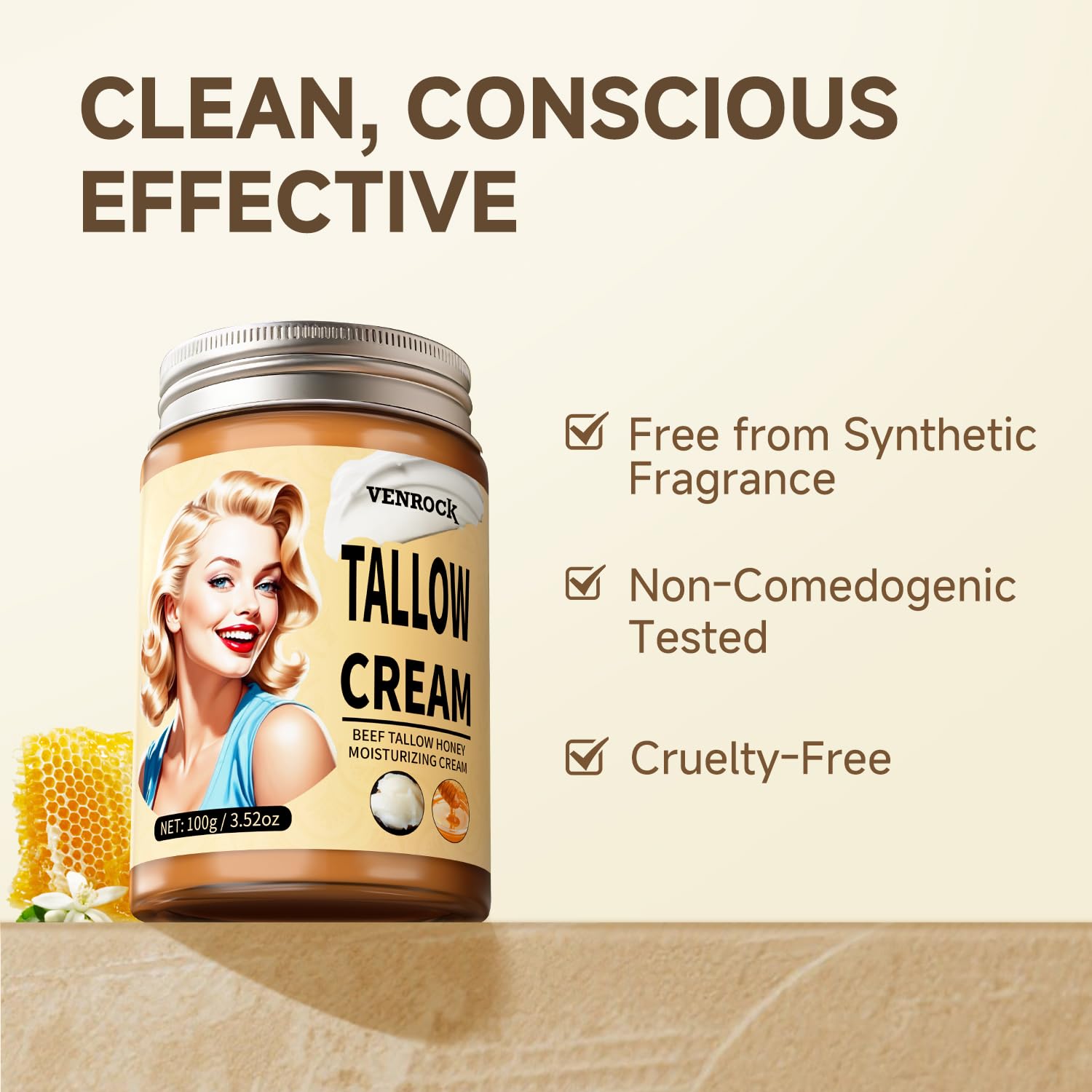 Venrock Beef Tallow Honey Face Balm – Hyaluronic Acid & Niacinamide, Whipped Moisturizer (3.5oz)