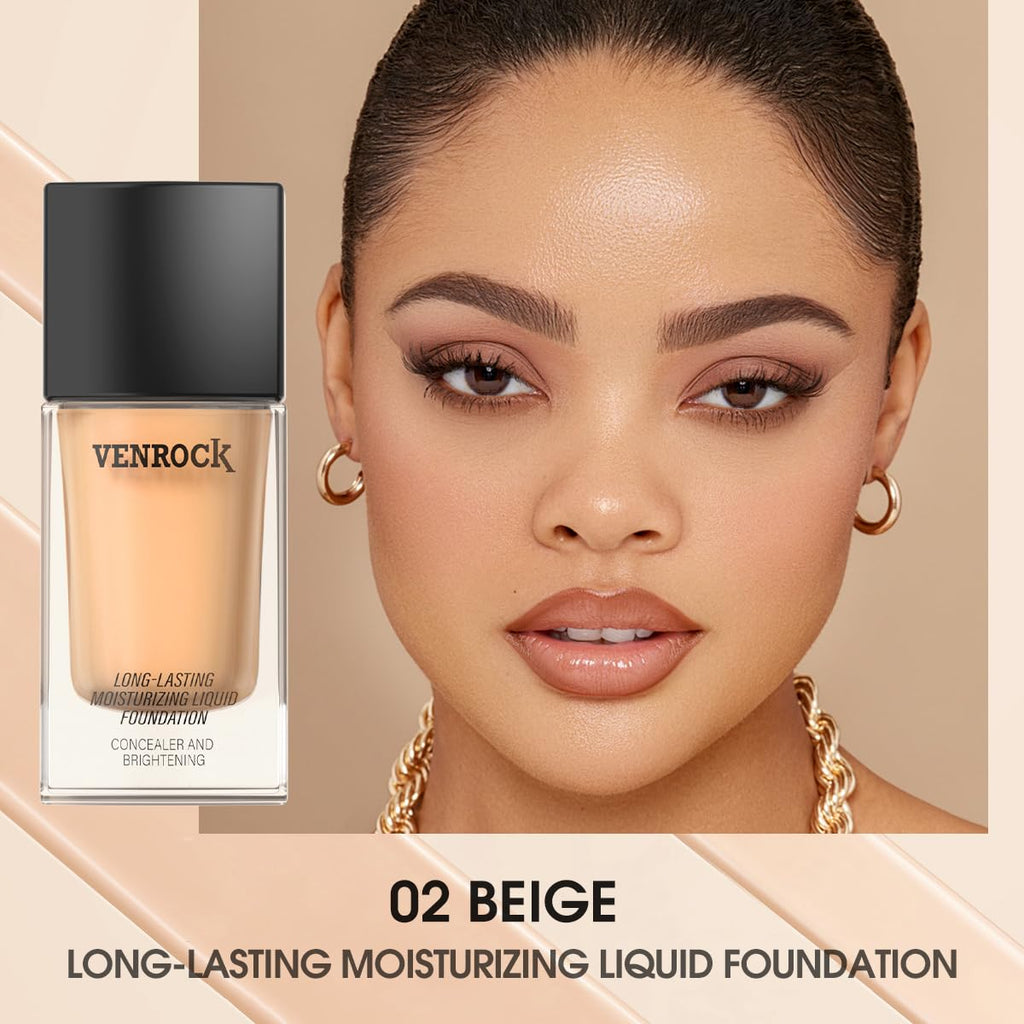 Venrock 24HR Long-Lasting Moisturizing Foundation – 02 Beige (30ml) | Waterproof & Buildable Coverage
