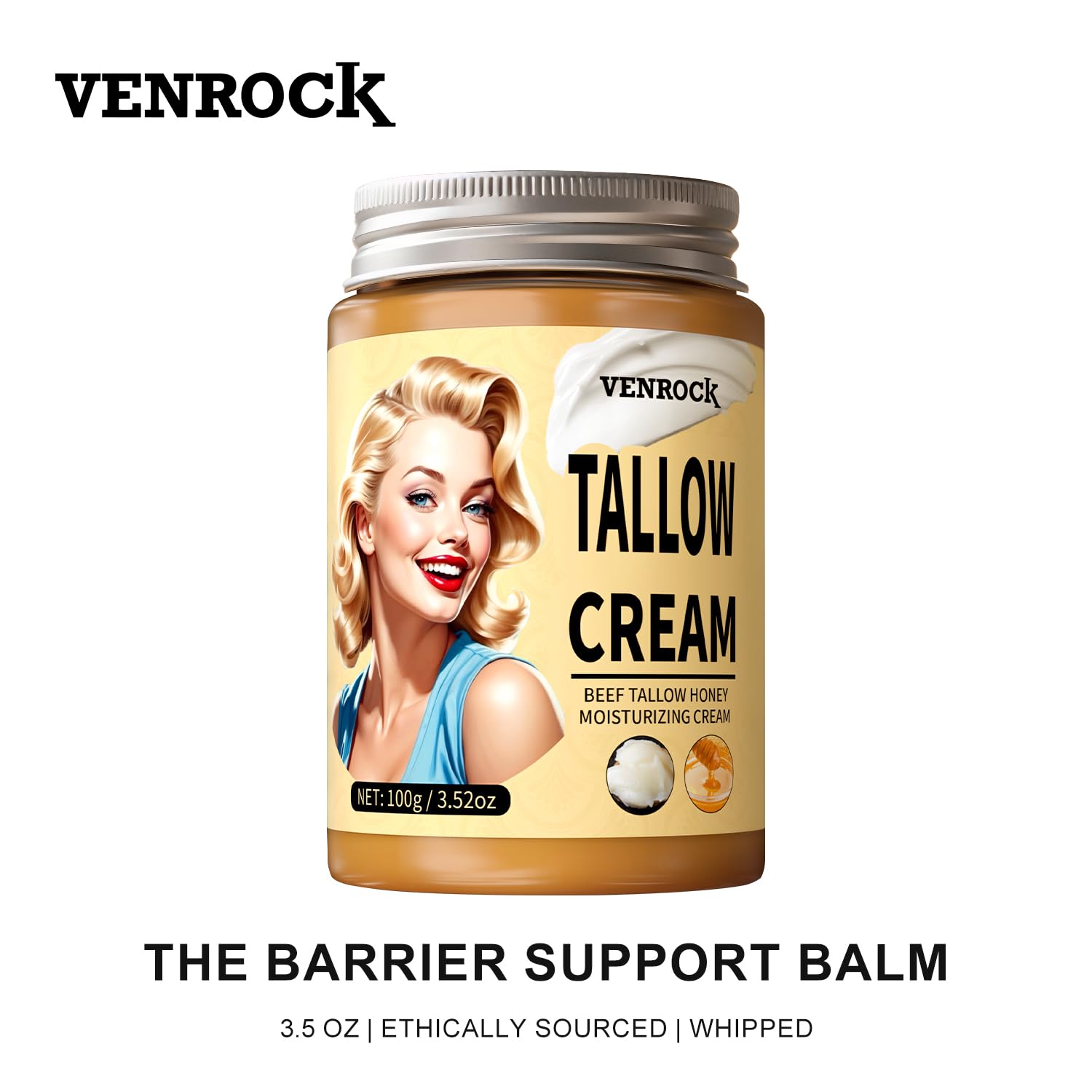Venrock Beef Tallow Honey Face Balm – Hyaluronic Acid & Niacinamide, Whipped Moisturizer (3.5oz)