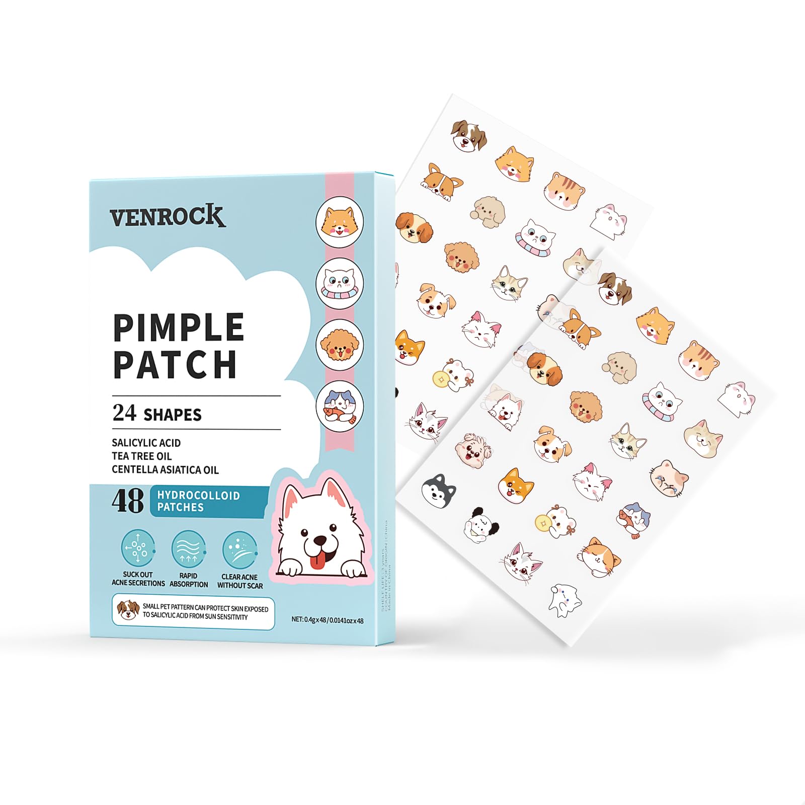 Venrock Pimple Patches — 48 Hydrocolloid Patches in 24 Cute Animal Shapes