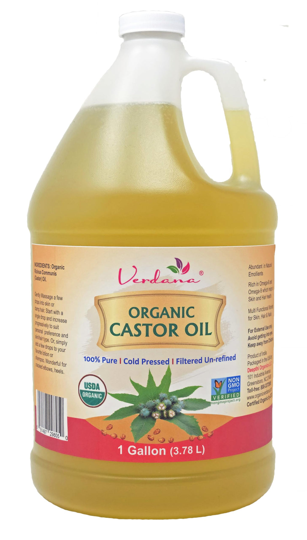 Verdana Organic Castor Oil — Cold-Pressed Bulk 1 Gallon, Professional Grade