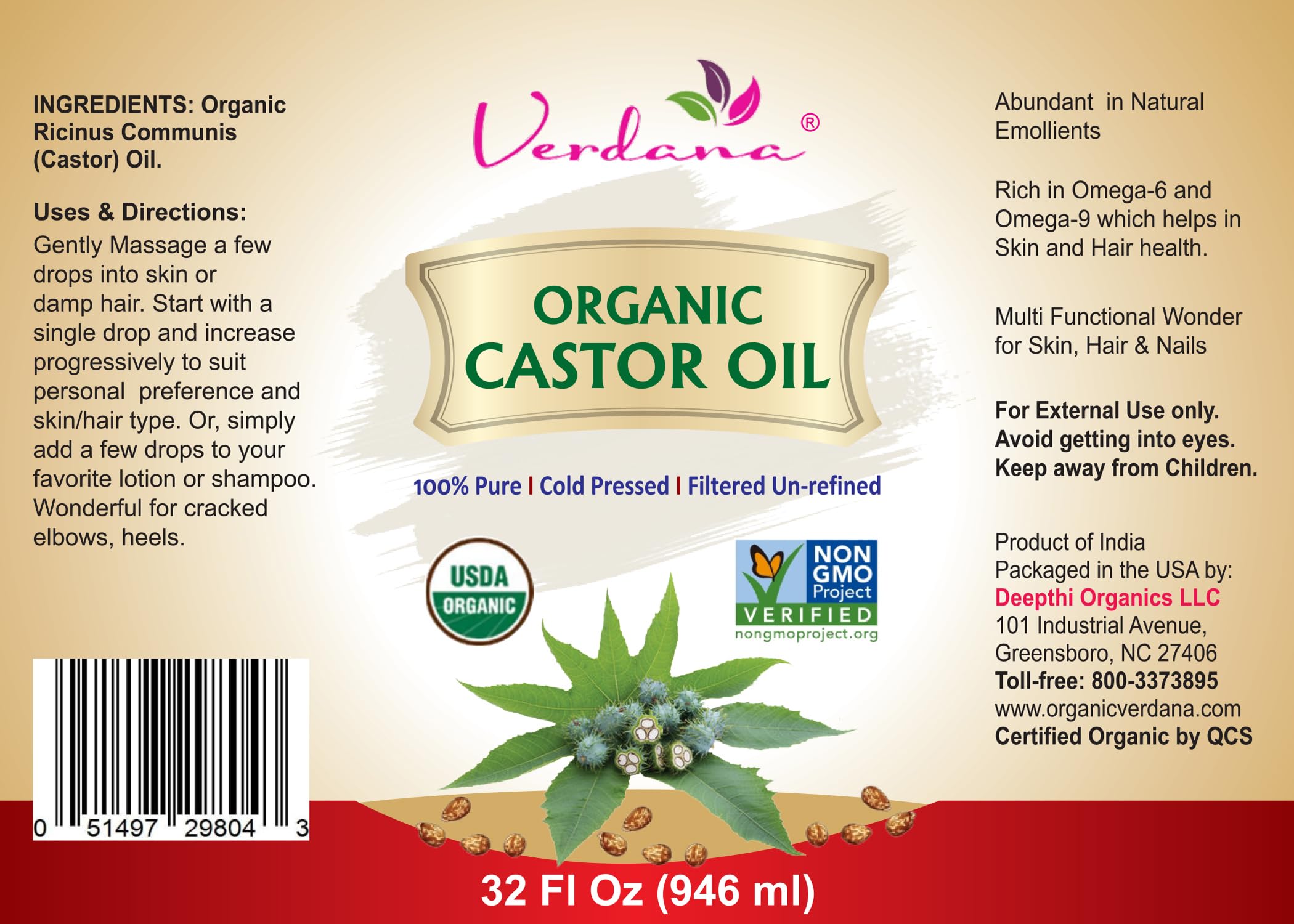 Verdana Organic Castor Oil – Cold Pressed, Hexane Free, USDA Organic – 32 fl oz