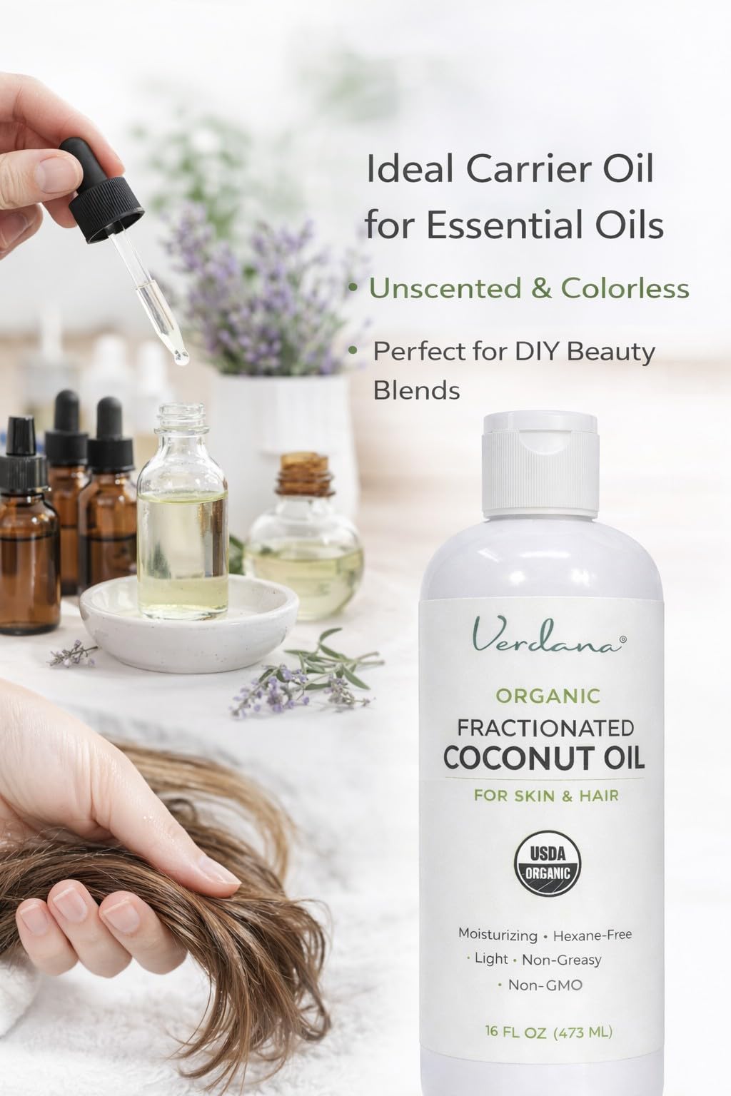 Verdana Organic Fractionated Coconut Oil – Lightweight Carrier for Skin & Hair – USDA Organic, Unscented