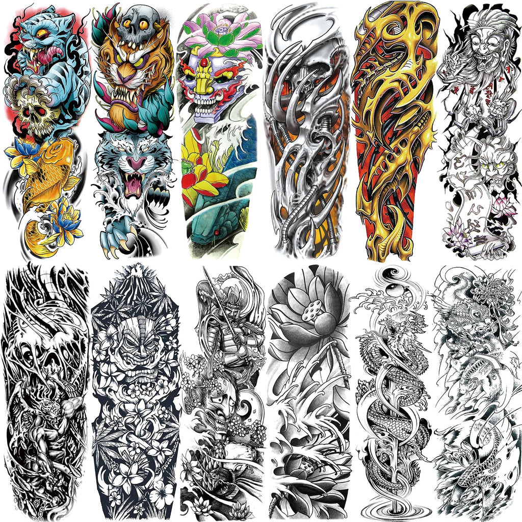 VERKSTAD 12 Sheets Large Full Arm Temporary Tattoos – Waterproof Realistic Flower, Dragon & Tiger