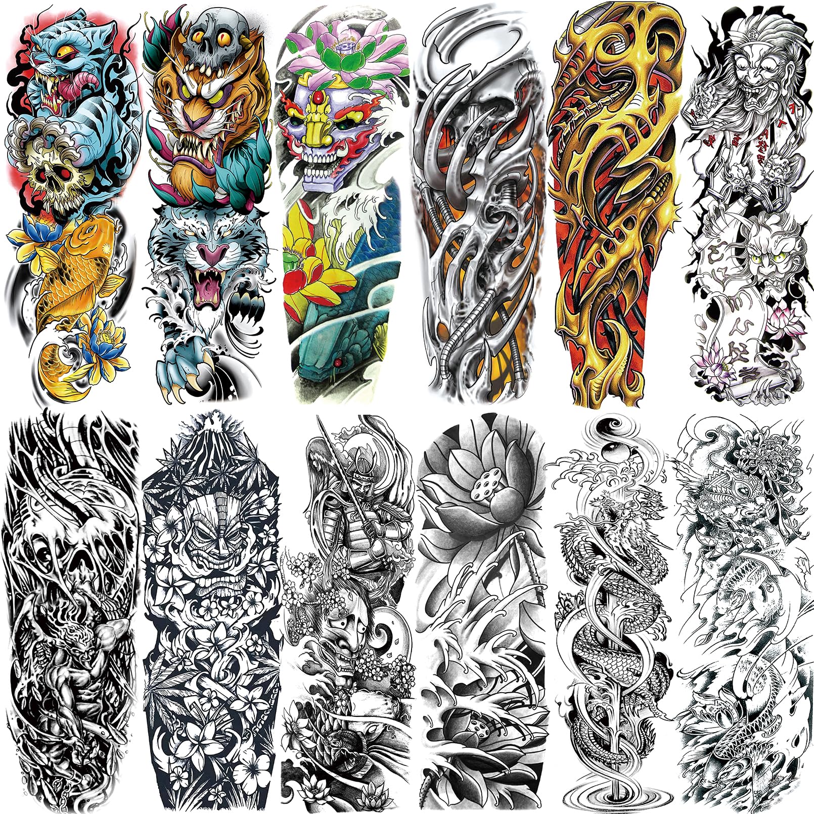 VERKSTAD 12 Sheets Large Full Arm Temporary Tattoos – Waterproof Realistic Flower, Dragon & Tiger