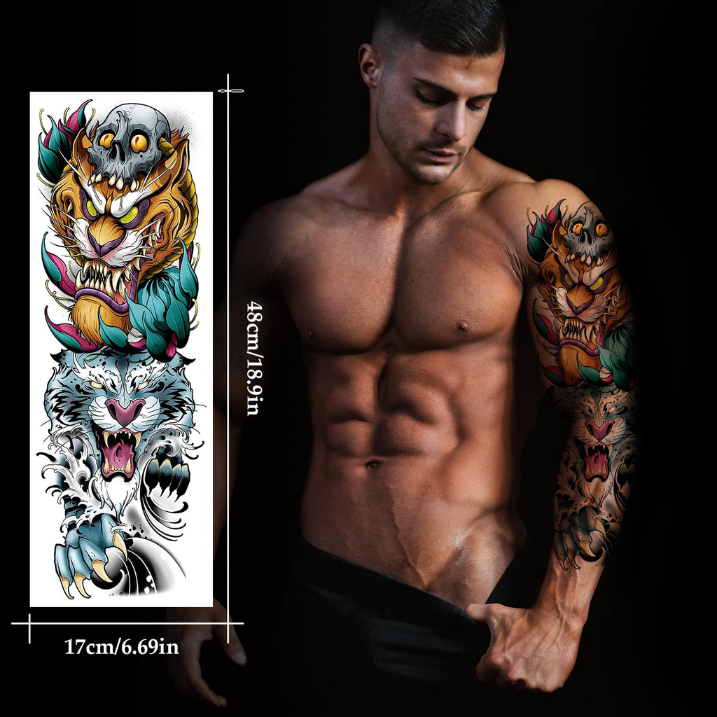 VERKSTAD 12 Sheets Large Full Arm Temporary Tattoos – Waterproof Realistic Flower, Dragon & Tiger
