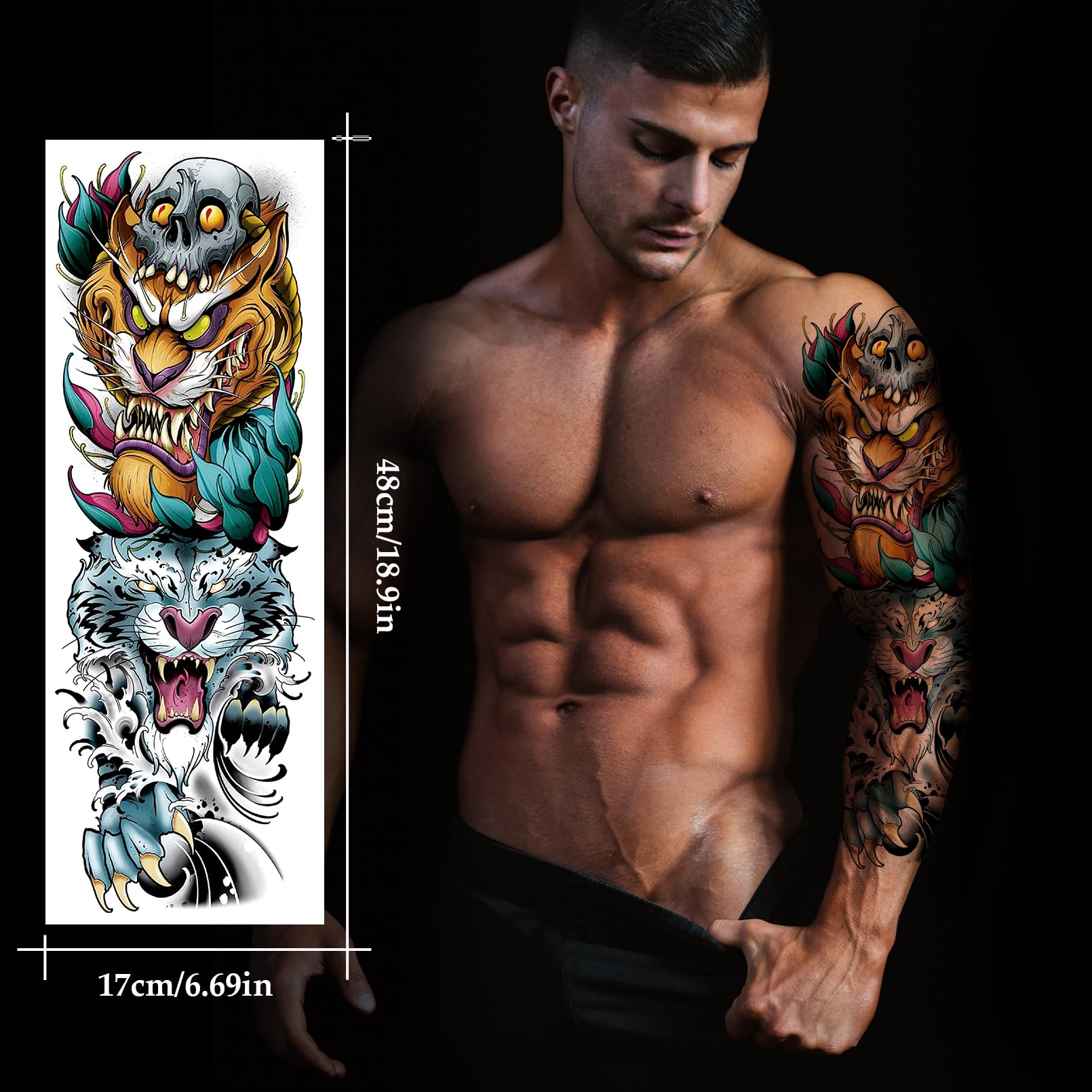 VERKSTAD 12 Sheets Large Full Arm Temporary Tattoos – Waterproof Realistic Flower, Dragon & Tiger