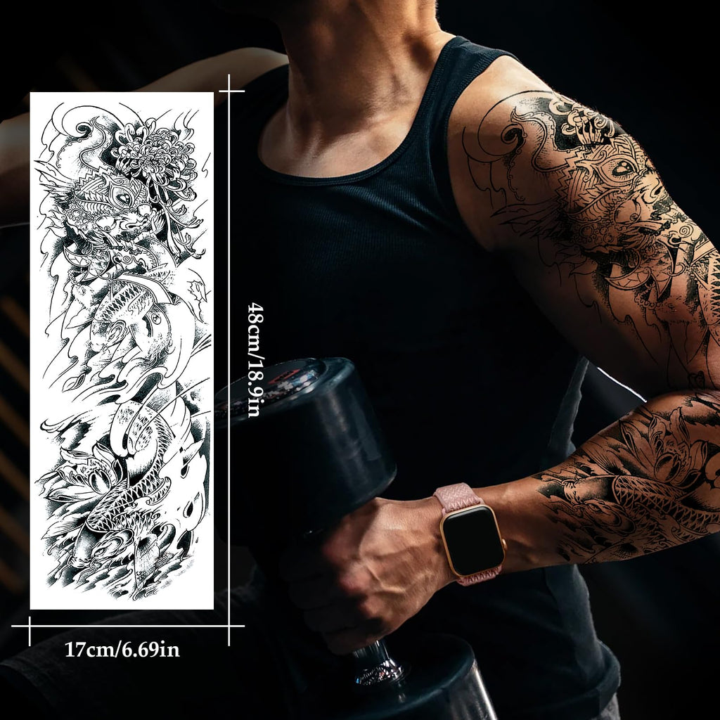 VERKSTAD 12 Sheets Large Full Arm Temporary Tattoos – Waterproof Realistic Flower, Dragon & Tiger