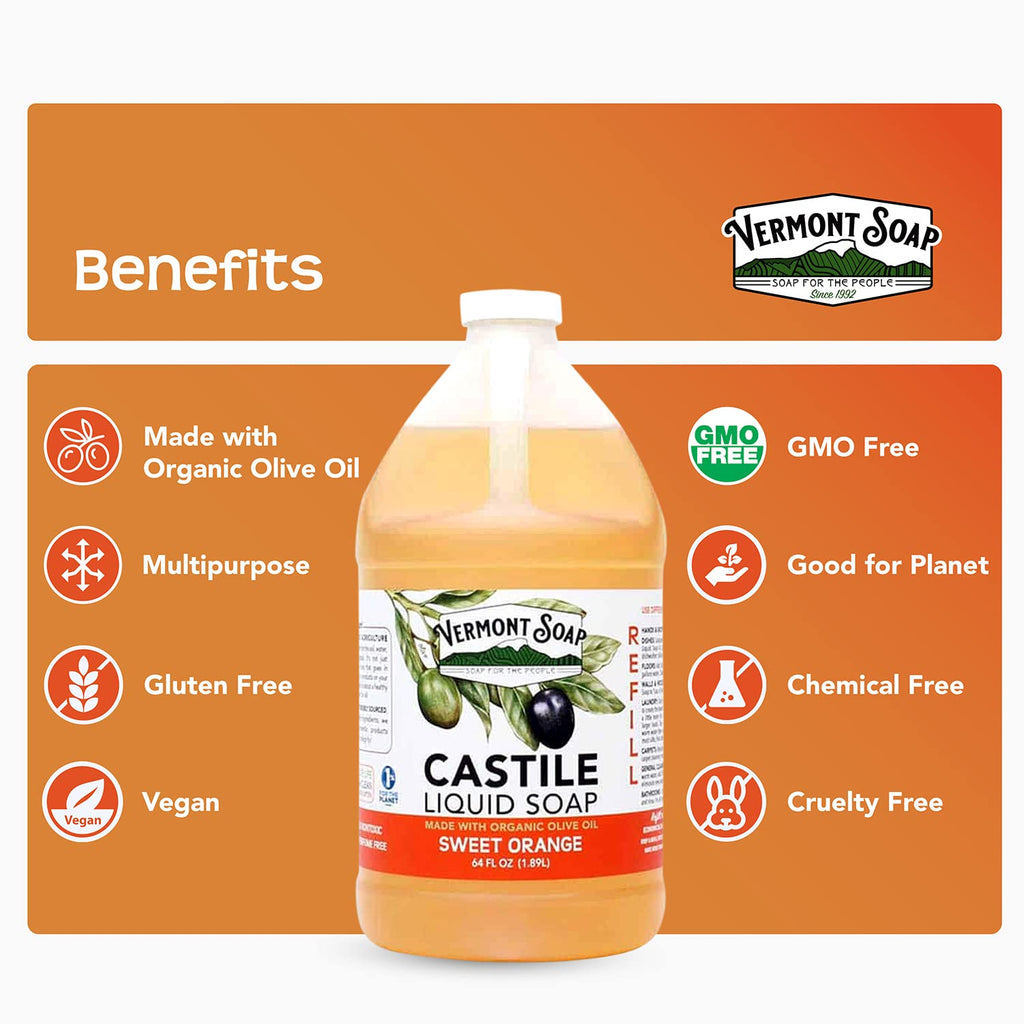 Vermont Pure Castile Soap Orange – Gentle Organic Body Wash & Oily Hair Shampoo (64 oz) | Vermont Soap